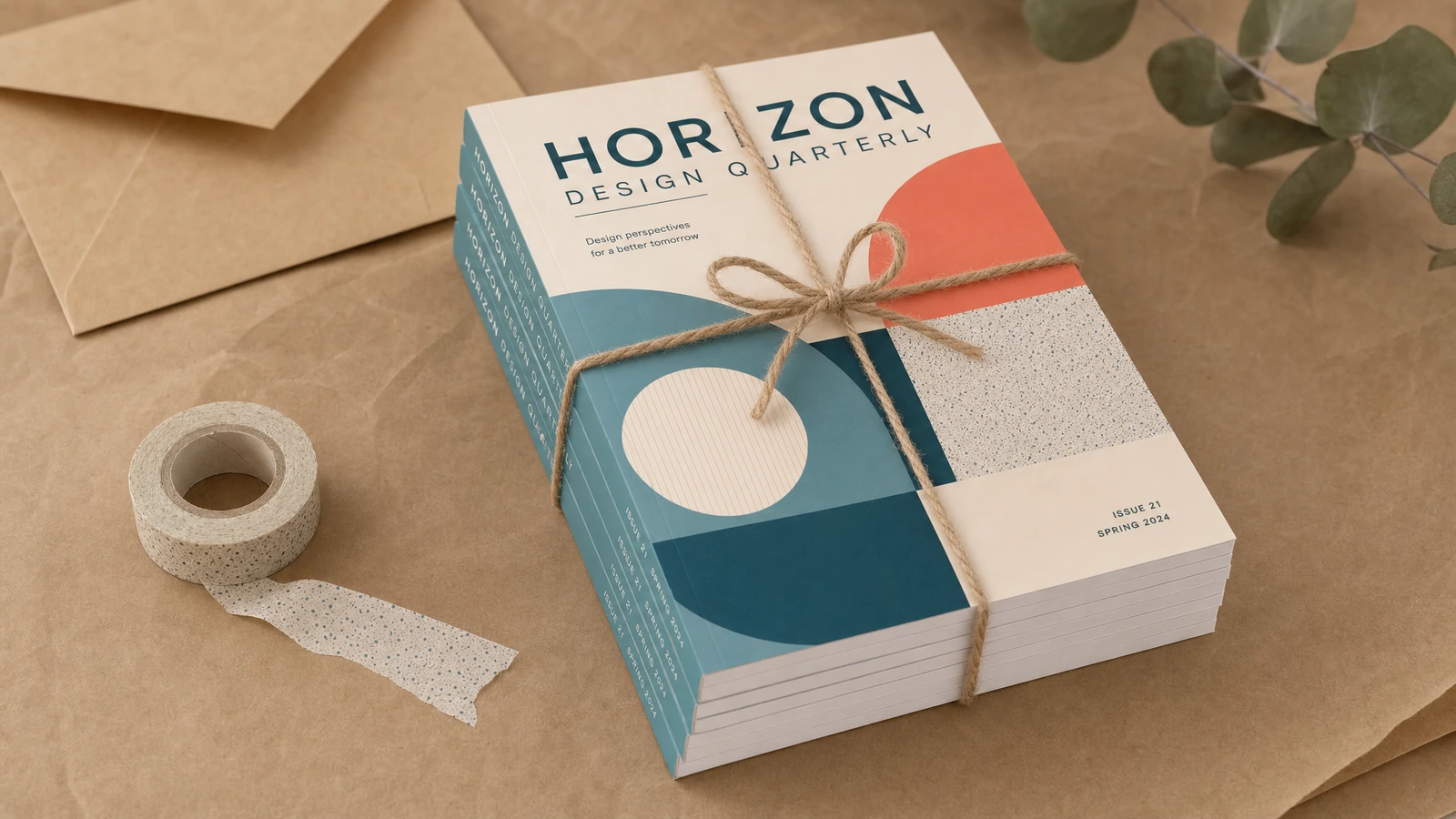 Mit Schnur gebündelter Stapel Designmagazine auf braunem Packpapier neben Klebeband