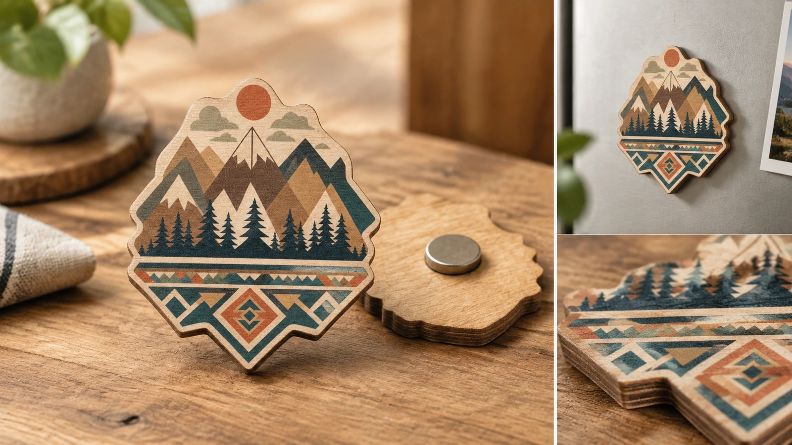 Veranschaulichende Collage aus Vorderseite, Rückseite, Platzierung am Kühlschrank und Kantendetail eines Holzmagneten