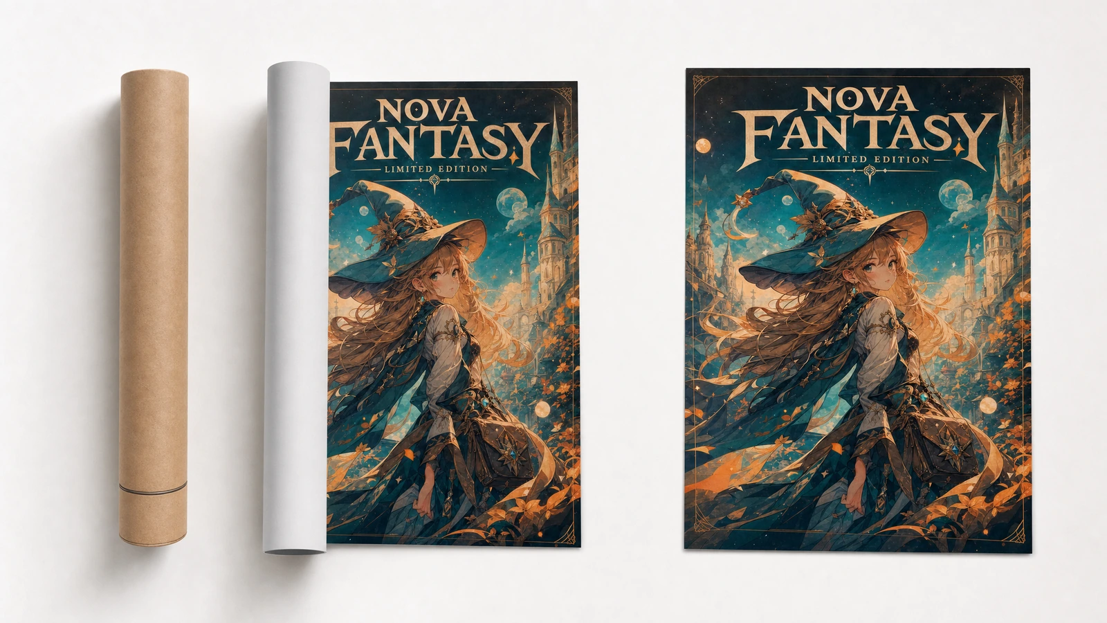Versandrohr für Poster neben einem teilweise aufgerollten Druck und einem flachen Fantasy-Poster