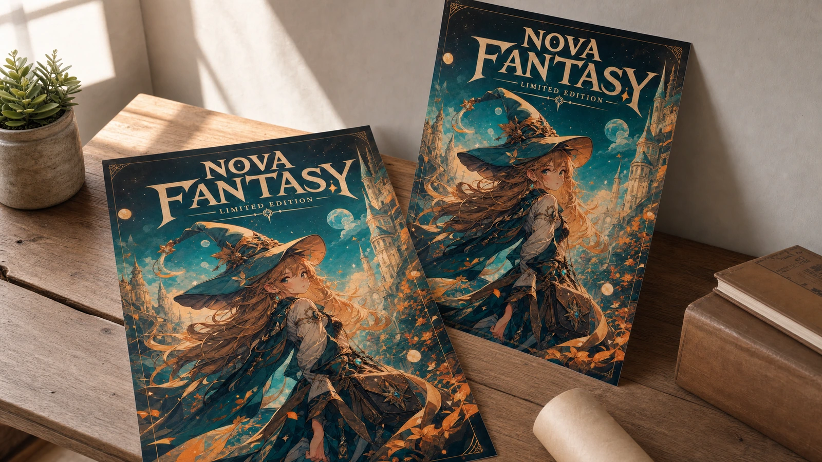 Zwei Fantasy-Poster lehnen an einem Schreibtisch neben einer Papierrolle