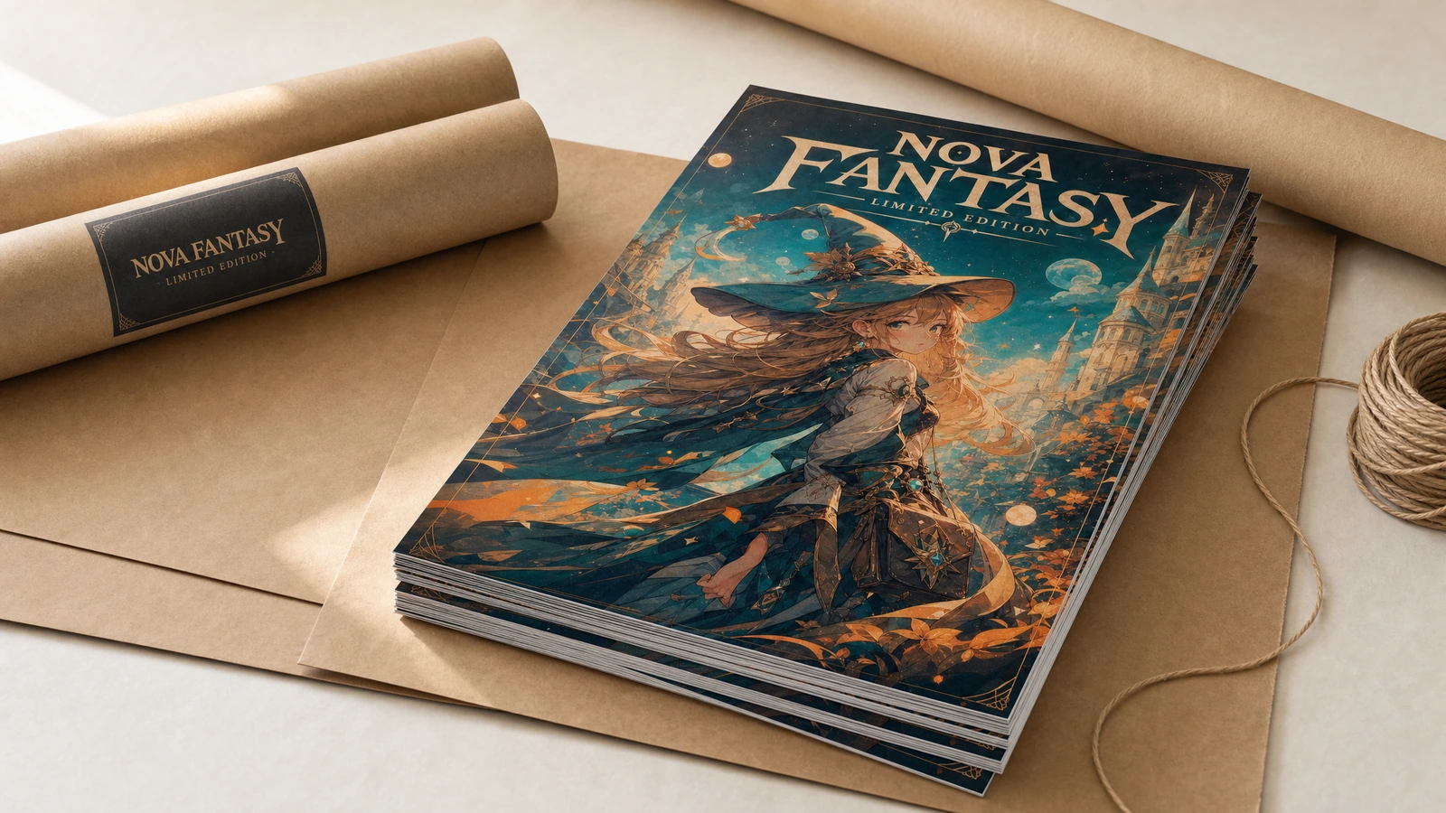 Stapel Fantasy-Poster neben braunem Packpapier, Versandrohren und Schnur