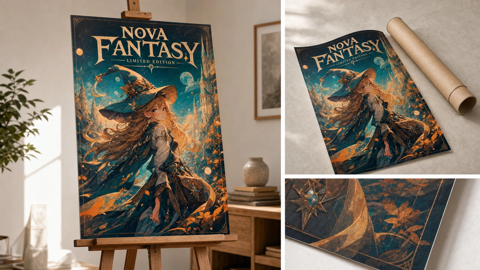 Fantasy-Poster auf einer Staffelei mit eingelegter Verpackung und Detailansichten des Drucks