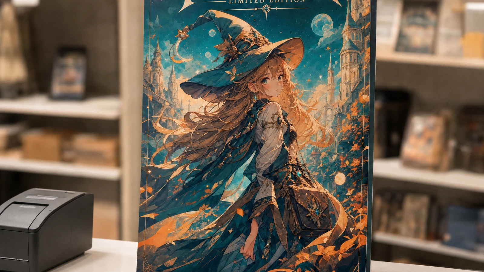 Fantasy-Poster aufrecht stehend auf einer Ladentheke
