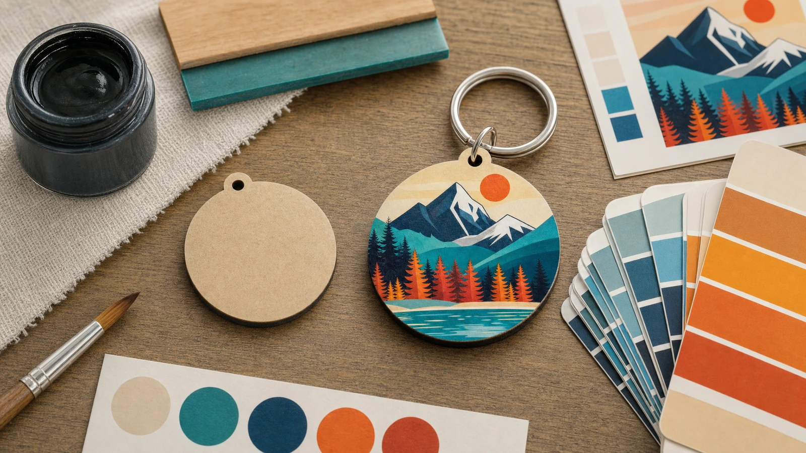 Illustrativer runder MDF-Schlüsselanhänger mit Bergmotiv neben einer unbedruckten Scheibe, einer Druckvorlage und Farbmustern