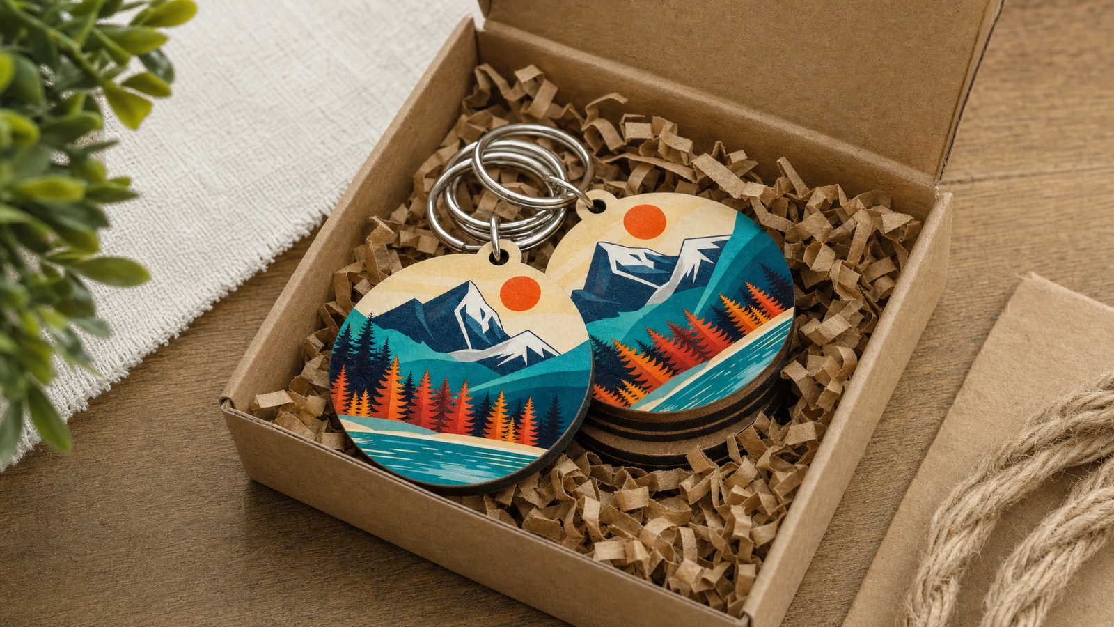 Illustrative bedruckte Schlüsselanhänger in einem offenen Karton mit Papierfüllung