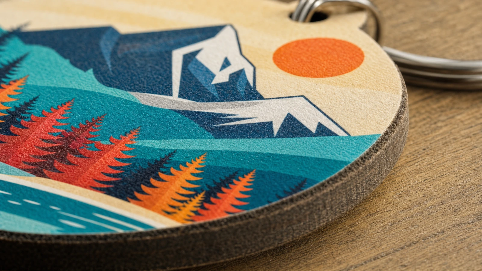 Illustrative Nahaufnahme einer bedruckten Schlüsselanhänger-Vorderseite mit Bergmotiv und freiliegender Kante