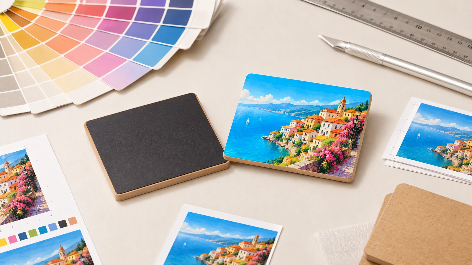 Illustrativer bedruckter MDF-Magnet mit Küstenmotiv und Rückseite neben Farbmustern und gedruckten Referenzen