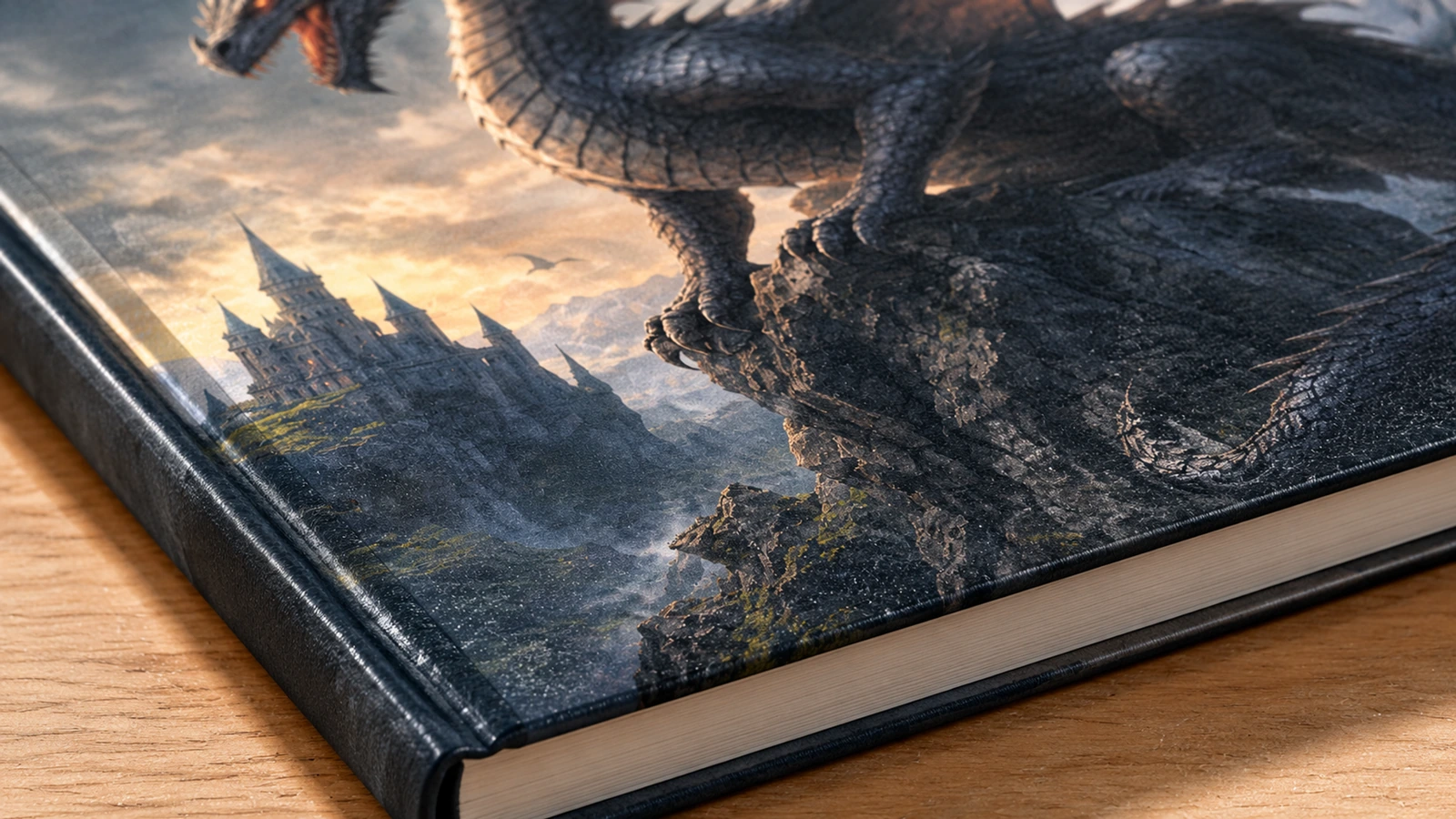 Detail von Cover mit Drachenmotiv und Buchrücken Beispielhafte Nahaufnahme eines Notizbuchcovers mit Drachenmotiv, Buchrücken und Seitenkanten