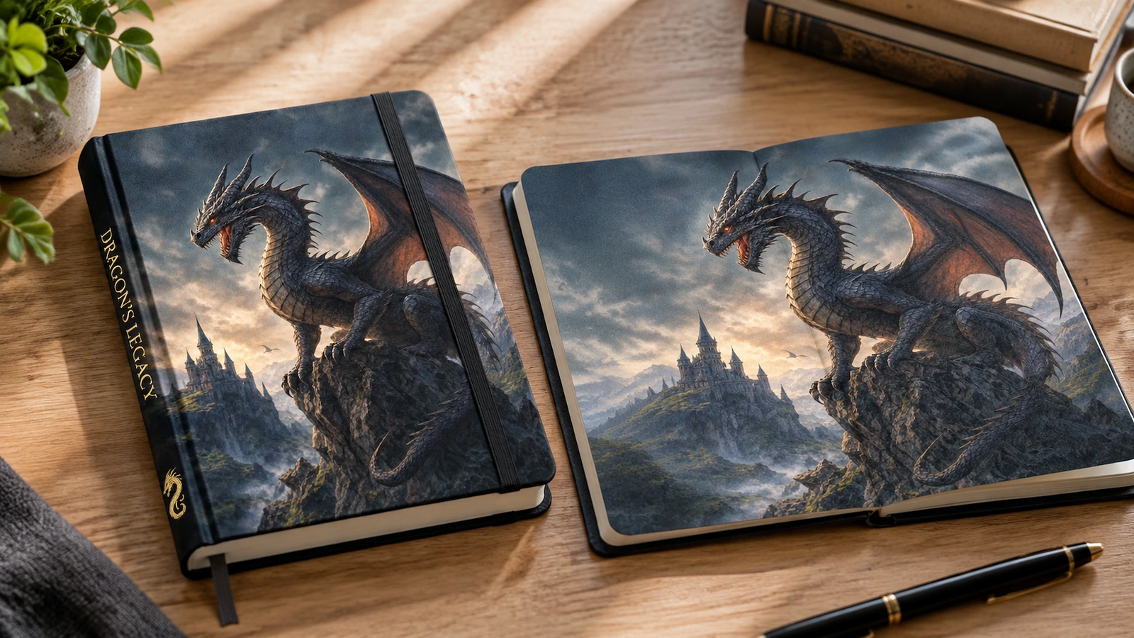Drachen-Notizbuch und illustrierte Doppelseite Beispielhaftes Notizbuch mit Drachendesign neben einer aufgeschlagenen Doppelseite mit Landschafts- und Drachenmotiv auf einem Holzschreibtisch