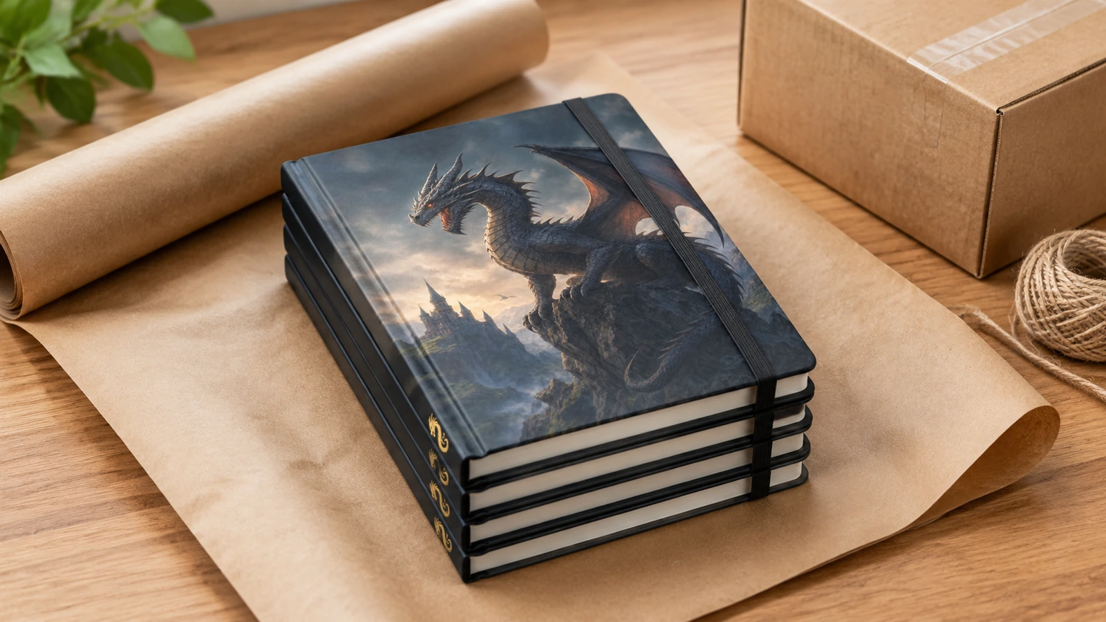 Drachen-Notizbücher und Verpackungsmaterial Beispielhaft gestapelte Notizbücher mit Drachendesign und Gummibändern neben einem Karton und Packpapier