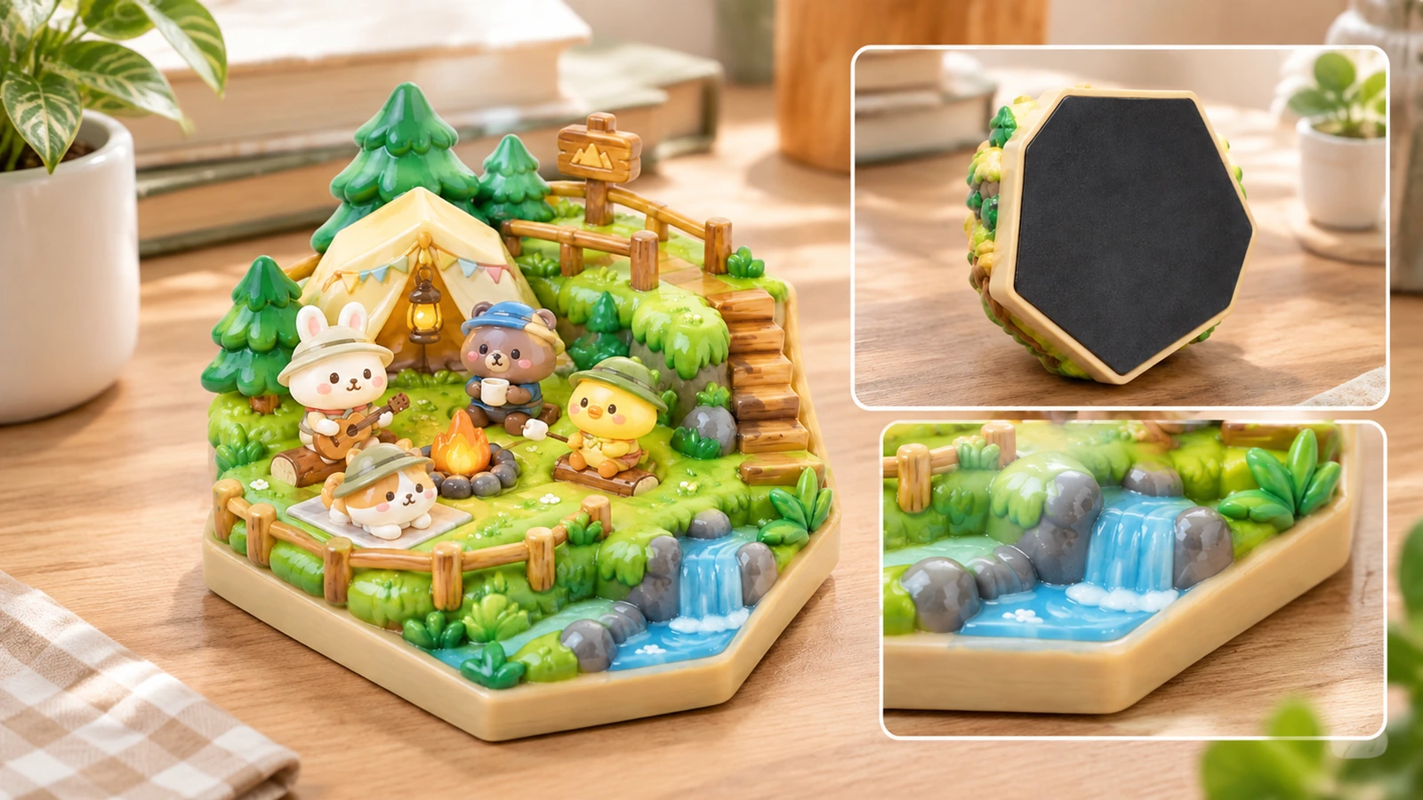 Magnet mit Campingszene und eingeblendeten Ansichten der schwarzen Rückseite und des Wasserfall-Details