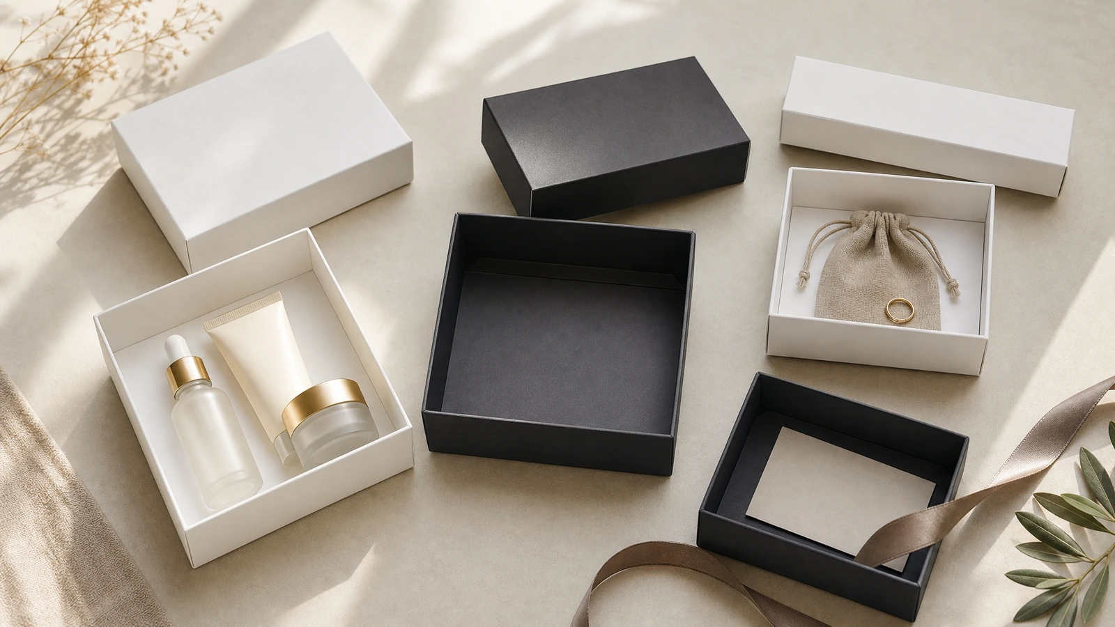 Illustrative starre 2-teilige Geschenkboxen für Beauty, Schmuck und Firmengeschenke