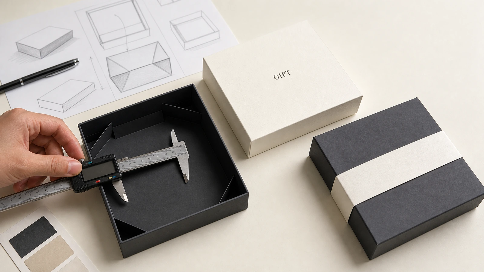 Illustrative Innenraummessung einer starren Geschenkbox und Prüfung der Artwork-Lesbarkeit am Deckel