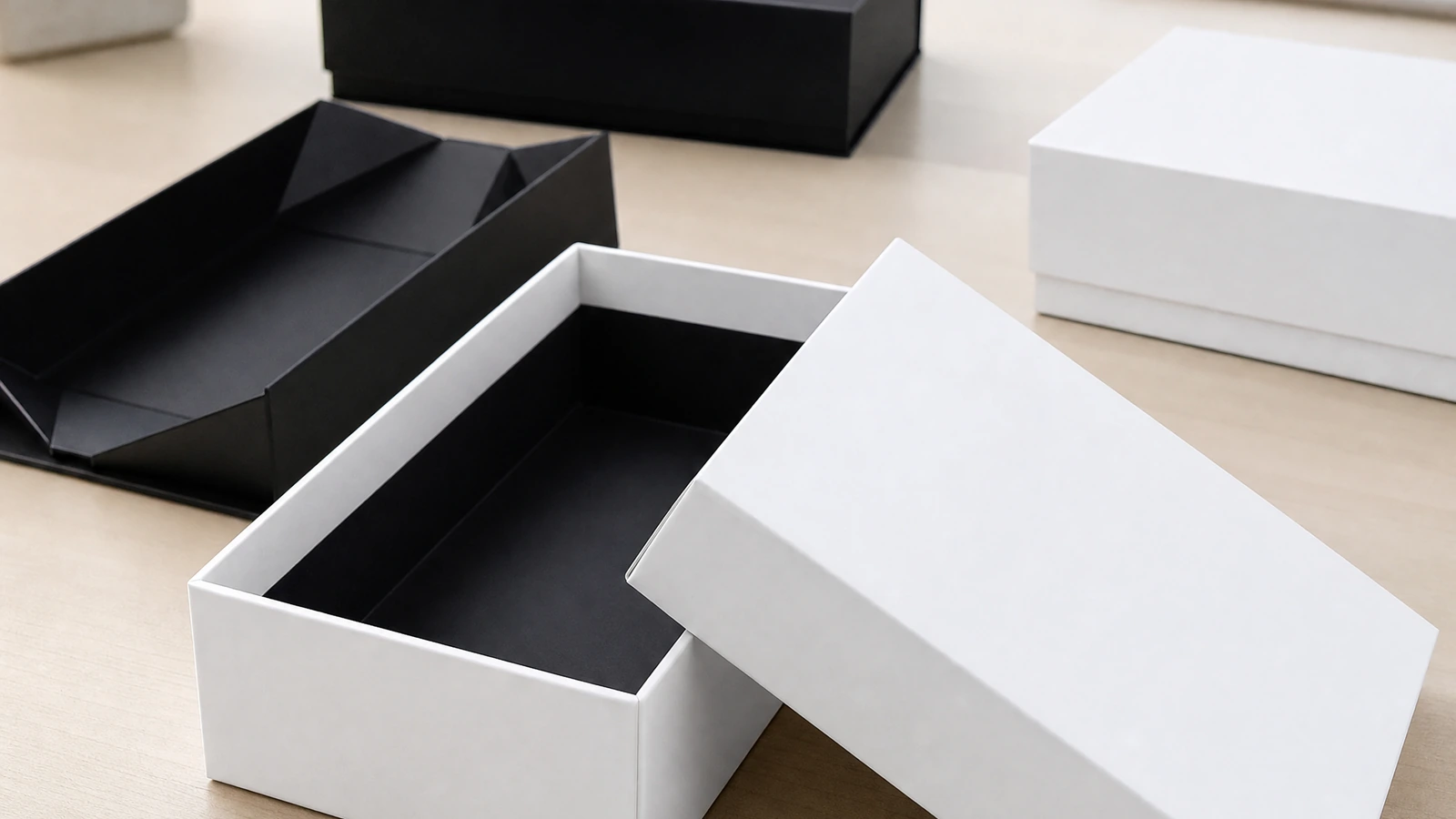 Illustrative Papierveredelungen und Passung eines abnehmbaren Deckels mit schlichtem Boxenunterteil ohne hinteren Verschluss