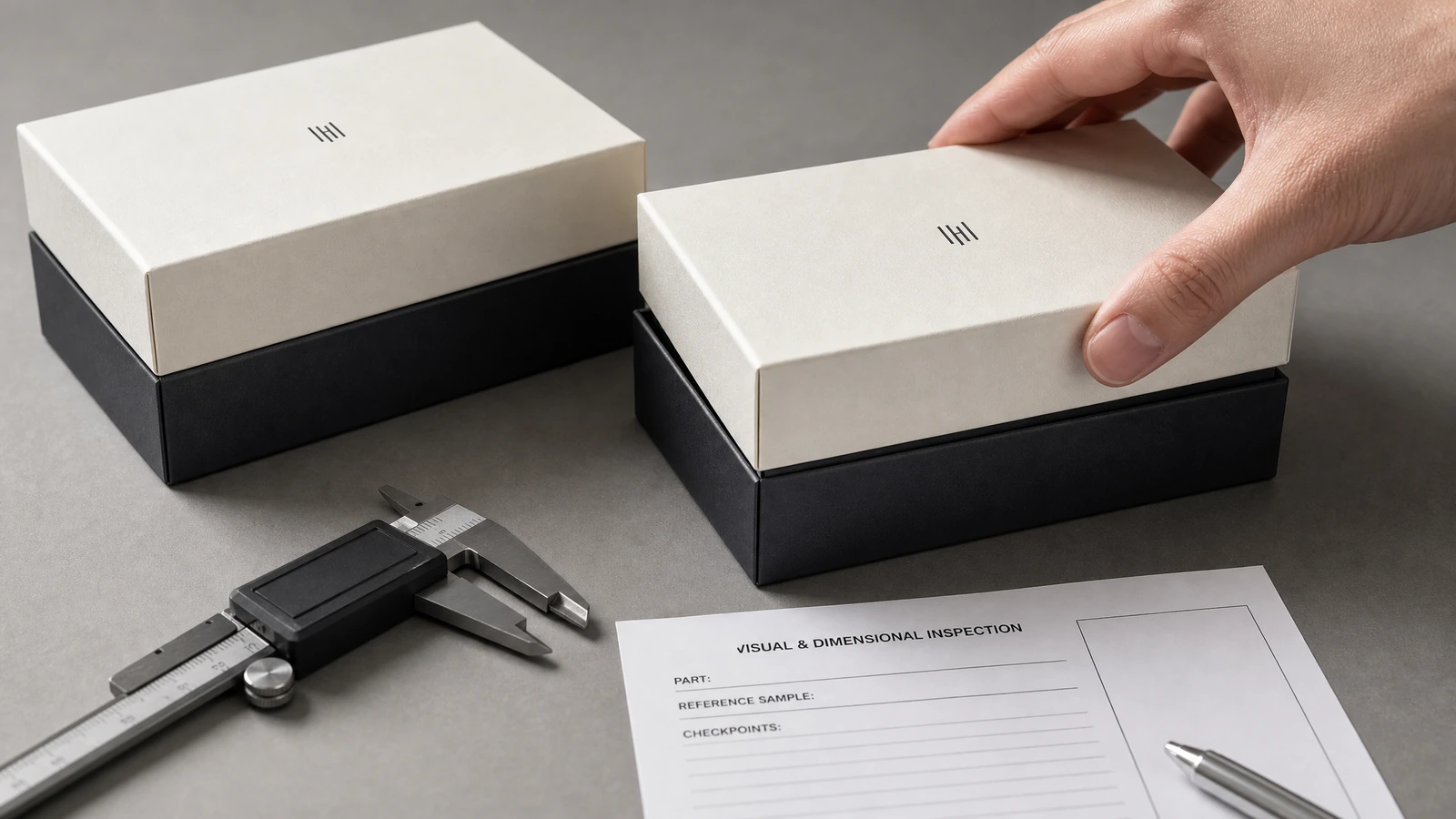 Illustrative starre Geschenkboxen in einem Außenkarton neben einem aufbewahrten Nachbestellmuster geschützt