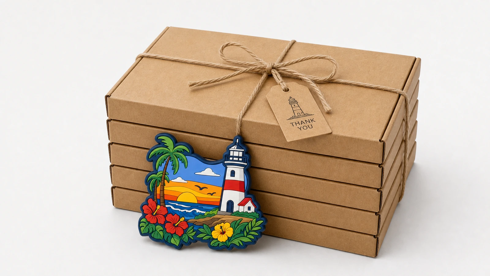 Veranschaulichender Magnet im Leuchtturm-Design neben gestapelten Geschenkboxen aus Kraftpapier, mit Schnur verschnürt