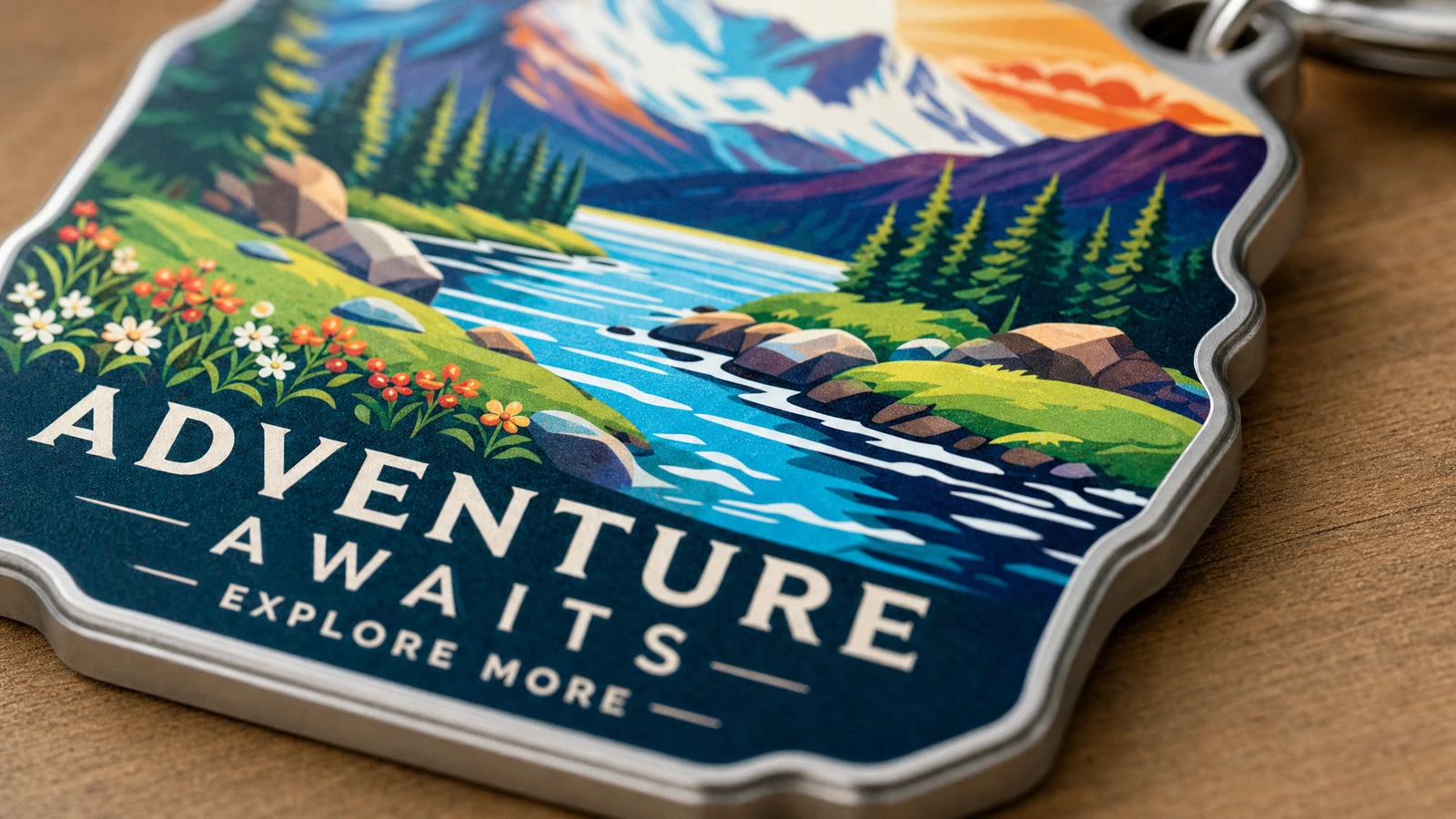 Nahaufnahme eines geformten Landschafts-Schlüsselanhängers mit Bergen, einem Fluss und den Worten „Adventure Awaits“