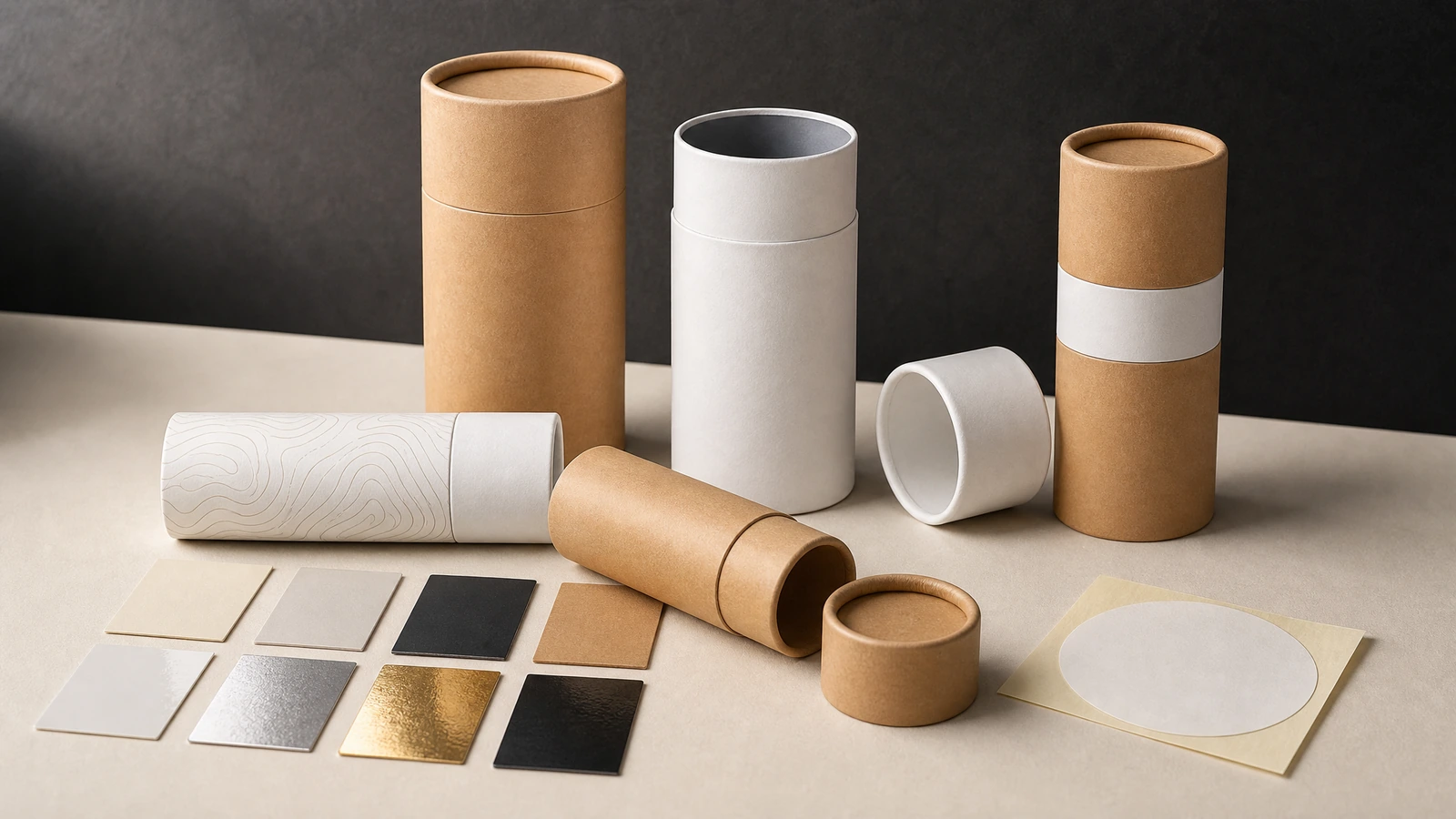 Röhrendesigns und Veredelungsmuster Zylindrische Boxen in Kraftpapier- und Weißausführung mit abnehmbaren Deckeln neben Veredelungs- und Papiermustern