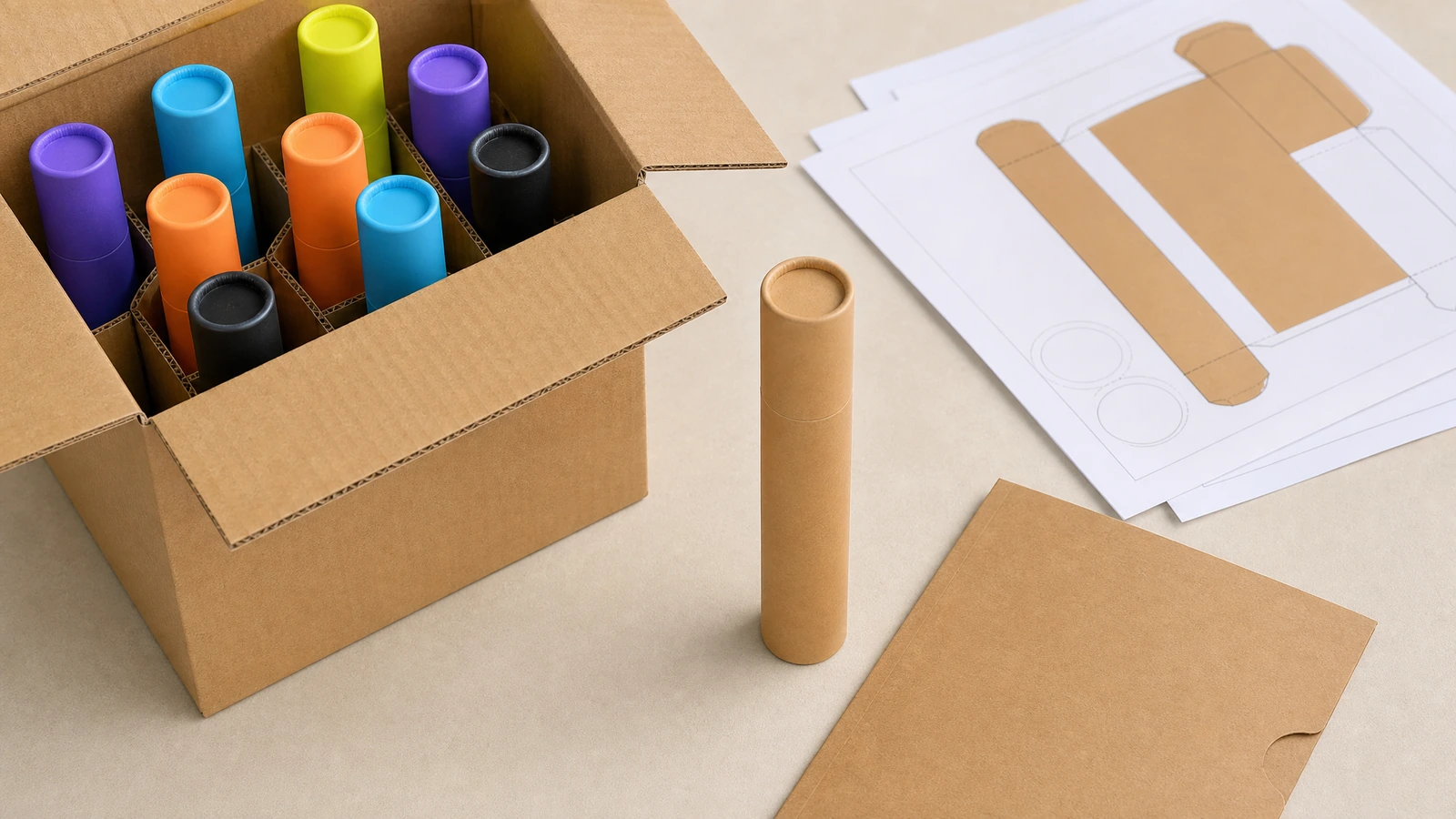 Konzept zur Röhrenverpackung und Kartonzeichnung Farbige Röhren stehend in einem Pappkarton verpackt, neben einer Kraftpapier-Röhre und einer Kartonzeichnung
