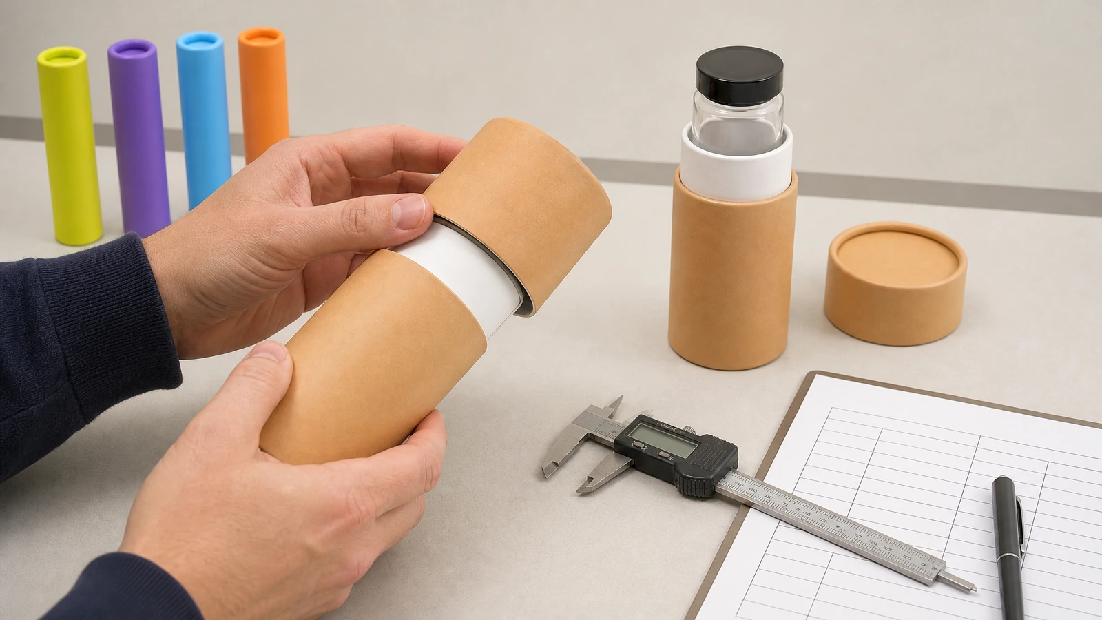 Beispielhafte Prüfung der Röhrenpassung Hände halten eine Kraftpapier-Röhre und einen Deckel neben einer Flasche in einer weiteren Röhre, Messwerkzeugen und einem Protokollblatt