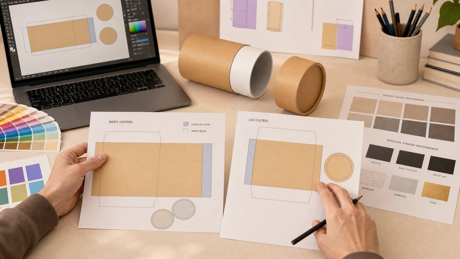 Prüfung von Röhrengrafiken und Mustern Hände prüfen Druckvorlagen für Röhrenkörper und Deckel neben einem Laptop, Mustern und einer geöffneten Kraftpapier-Röhre
