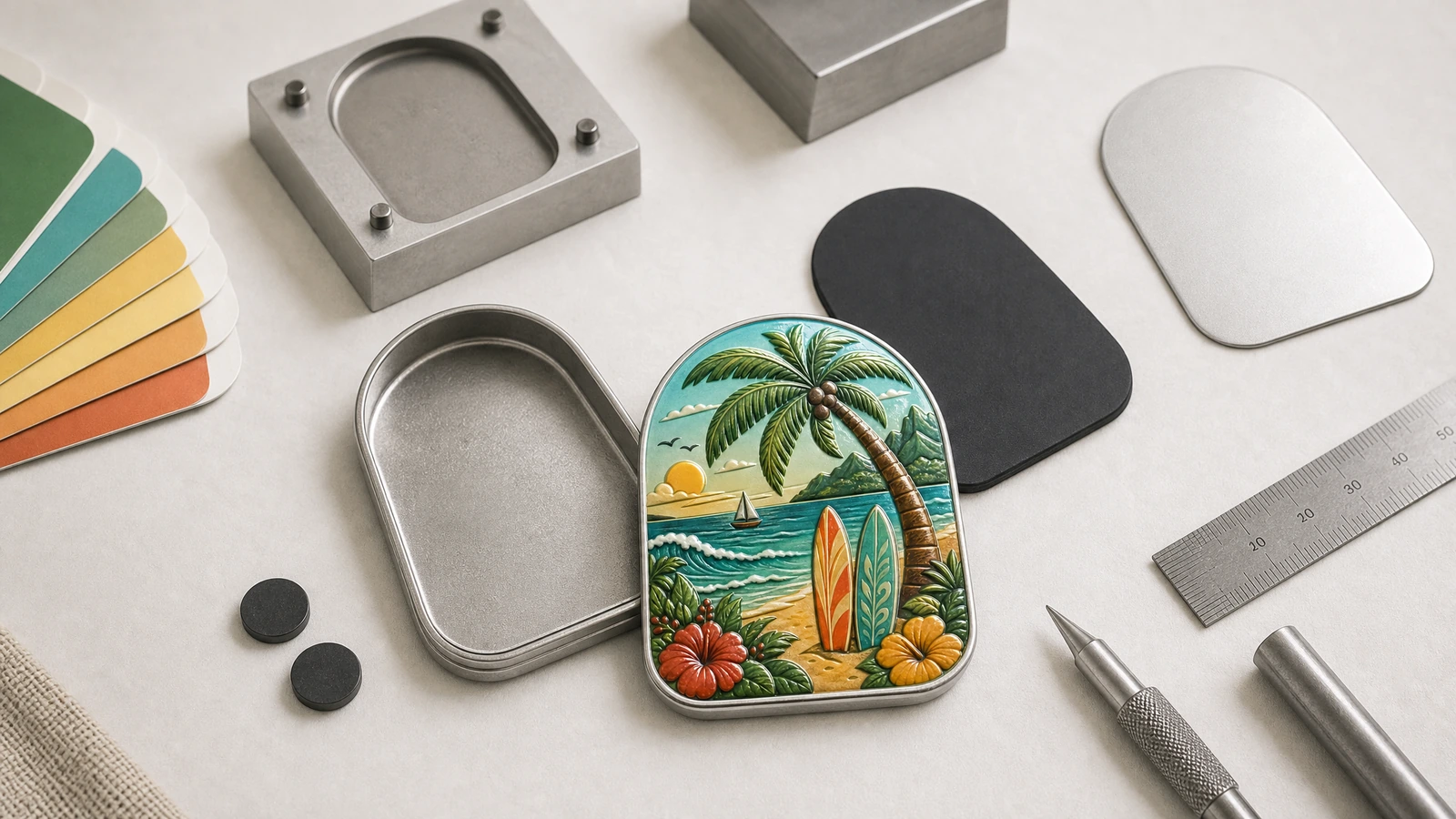 Illustrativer Weißblechmagnet im Tropendesign, Metallformen und schwarze Rückseitenteile neben Gestaltungswerkzeugen