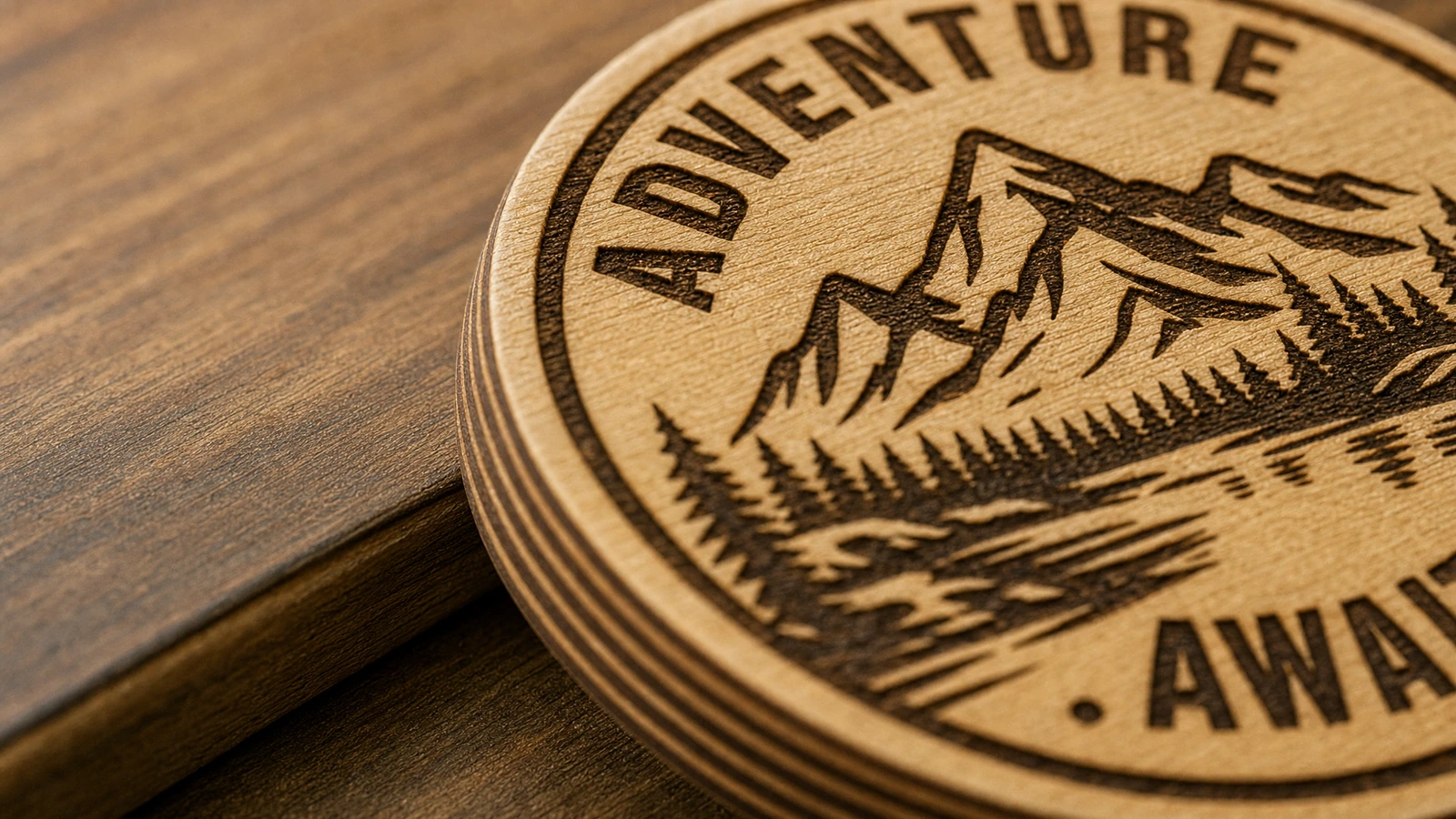 Gravierte Holzoberfläche und geschichtete Kante Nahaufnahme einer Berggravur und der Schrift „Adventure Awaits“ auf einer geschichteten Holzscheibe