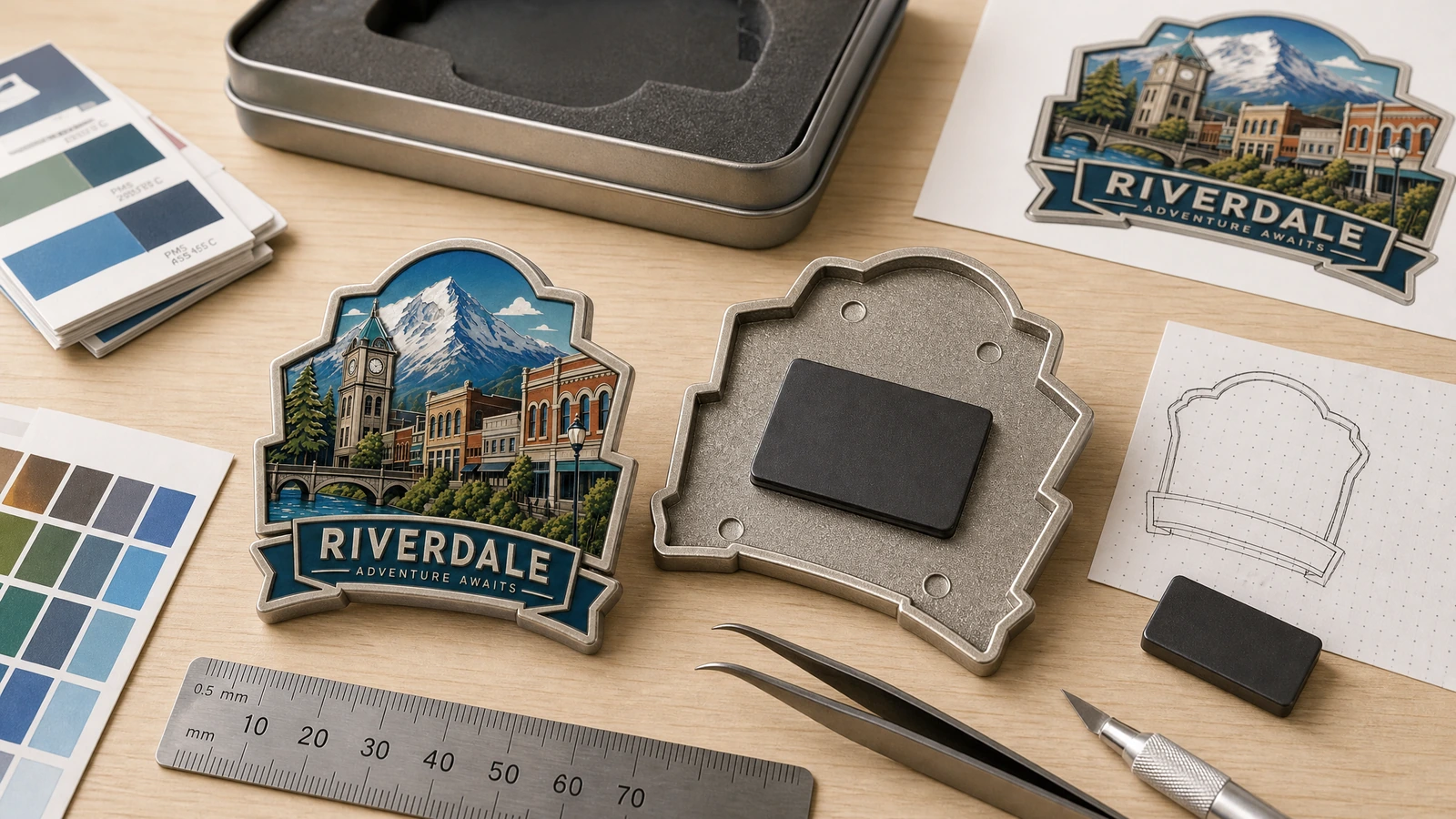 Veranschaulichender Riverdale-Souvenirmagnet, Rückseite sowie Motiv und Farbmuster neben einem Lineal