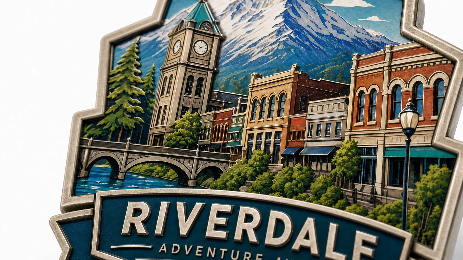 Veranschaulichende Nahaufnahme von Gebäuden, Berglandschaft als Motiv und Riverdale-Schriftzug auf der Magnetvorderseite