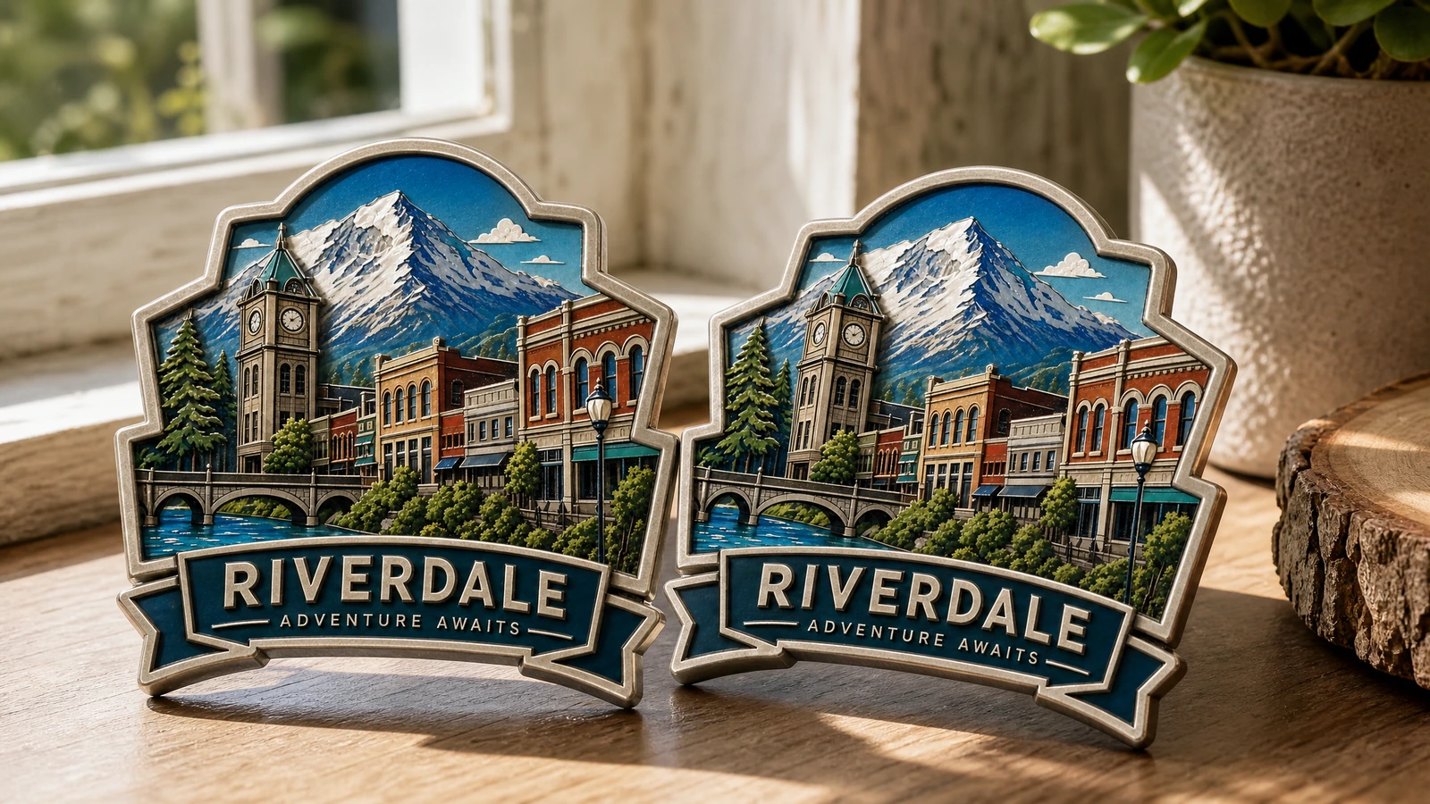 Veranschaulichendes Paar Riverdale-Souvenirmagnete auf einem Holzfensterbrett