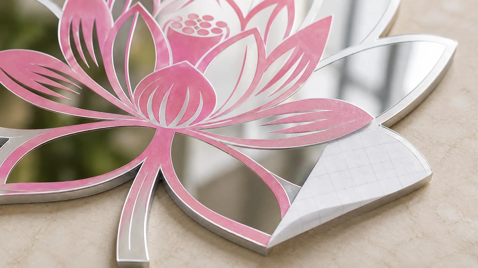 Lotus-Spiegeldekor-Motiv und Detail der zurückgeschlagenen Trägerfolie Nahaufnahme eines pinkfarbenen Lotus-Motivs auf einem Spiegeldekor, eine Ecke der weißen Trägerfolie ist zurückgeschlagen