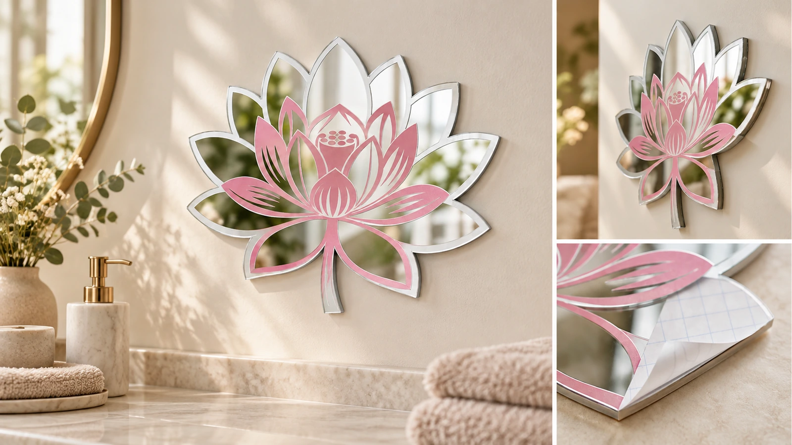 Präsentation und Detailcollage des Lotus-Spiegeldekors Collage eines Lotus-Spiegeldekors neben einem Waschbecken und einem runden Spiegel, mit Seitenansicht und Detail der zurückgeschlagenen Trägerfolie