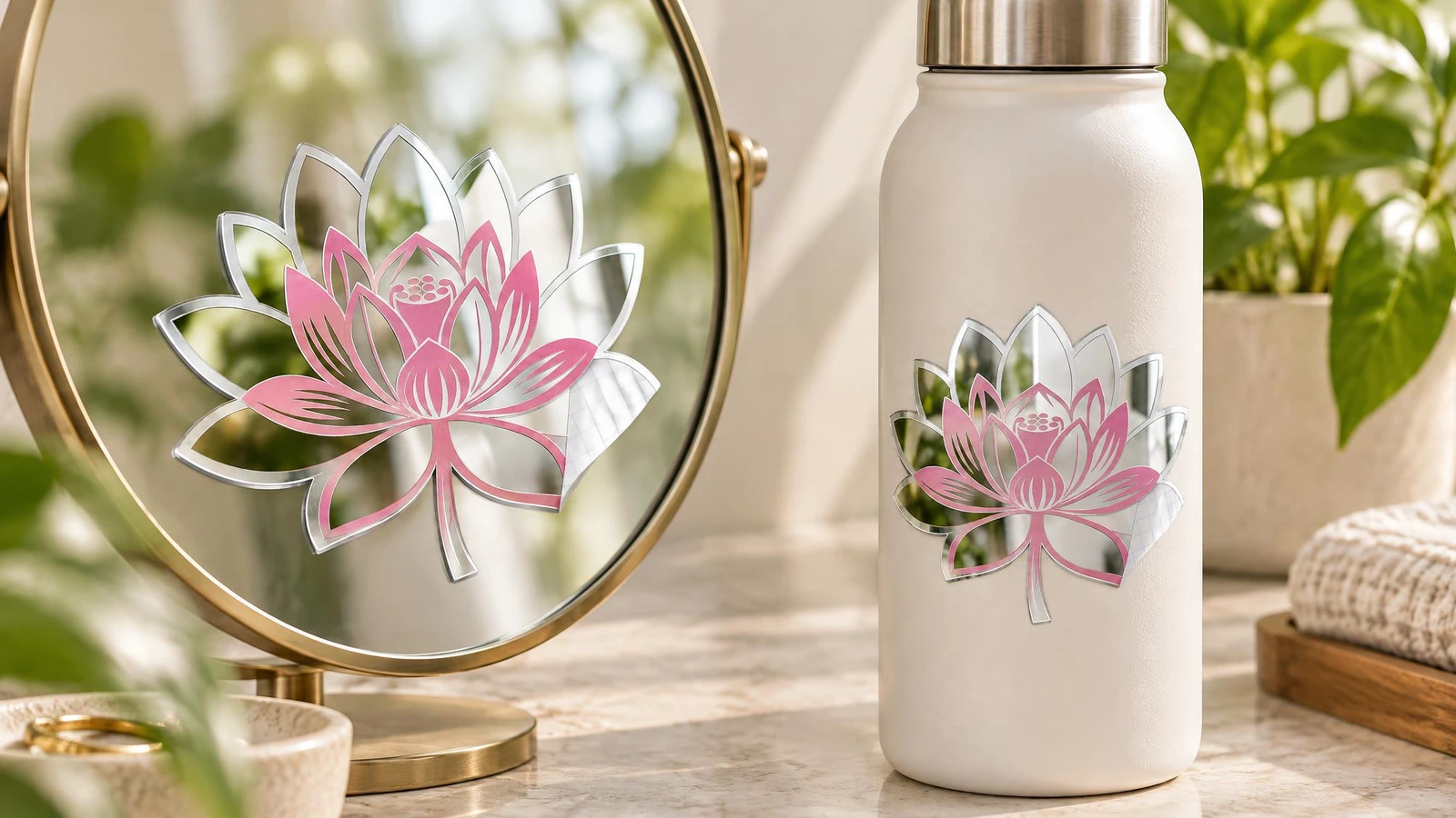 Anwendungsbeispiele für Lotus-Spiegeldekore Pinke und silberne Lotusdekore, ausgestellt auf einem Tischspiegel und einer weißen Flasche
