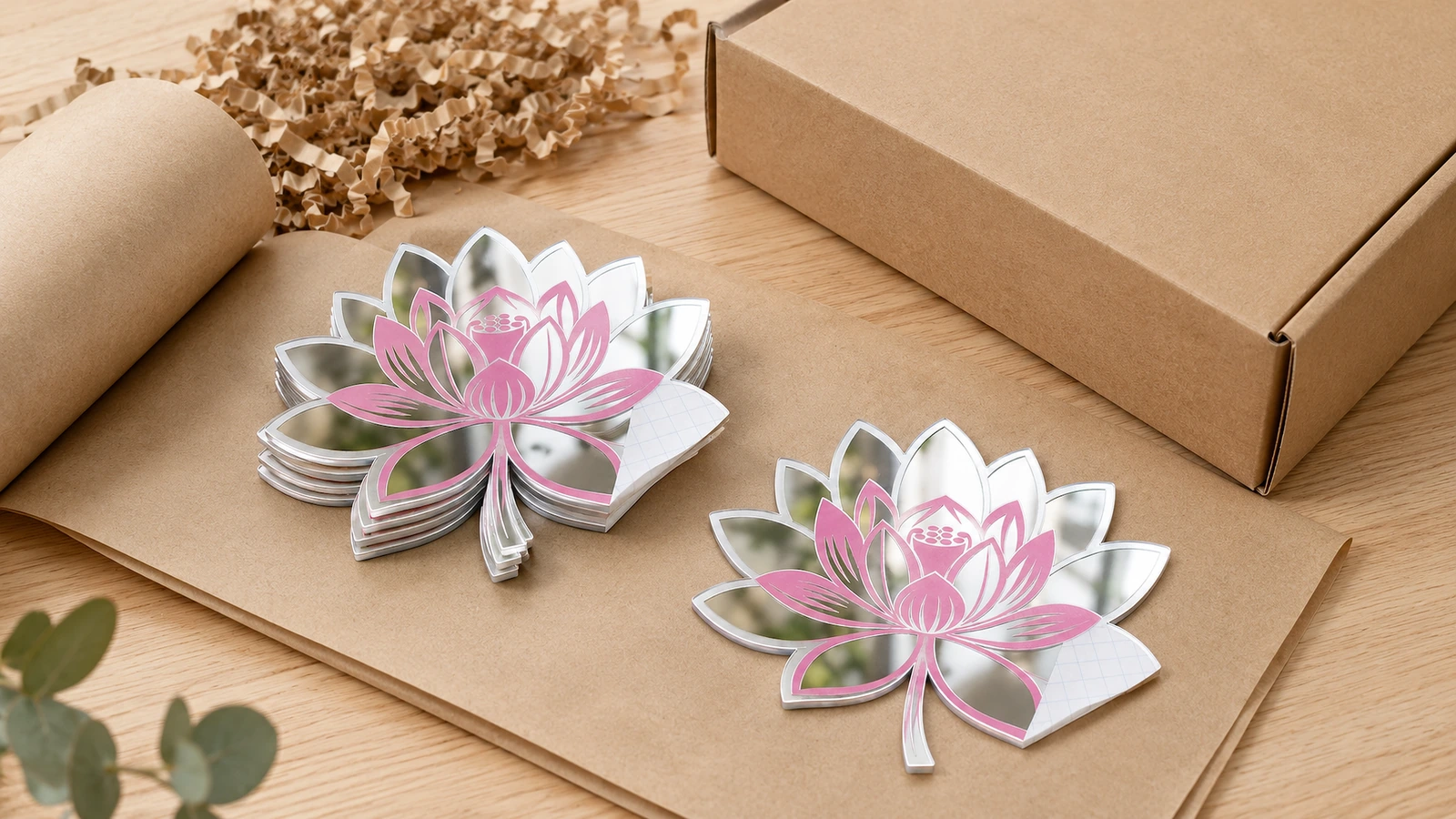 Lotus-Spiegeldekore neben Verpackungsmaterial Lose und gestapelte Lotus-Spiegeldekore auf Karton neben einem offenen Versandkarton aus Kraftpapier und Packpapier