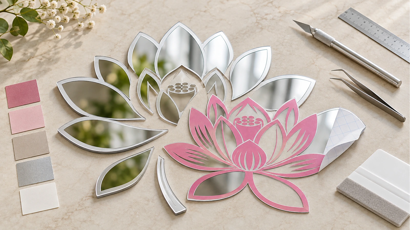 Lotus-Spiegeldekor mit Farbmustern und Schneidewerkzeugen Silberner Lotus-Spiegeldekor mit pinkfarbenem Blütendetail neben Farbmustern, einem Lineal und einem Cuttermesser auf einer Tischplatte