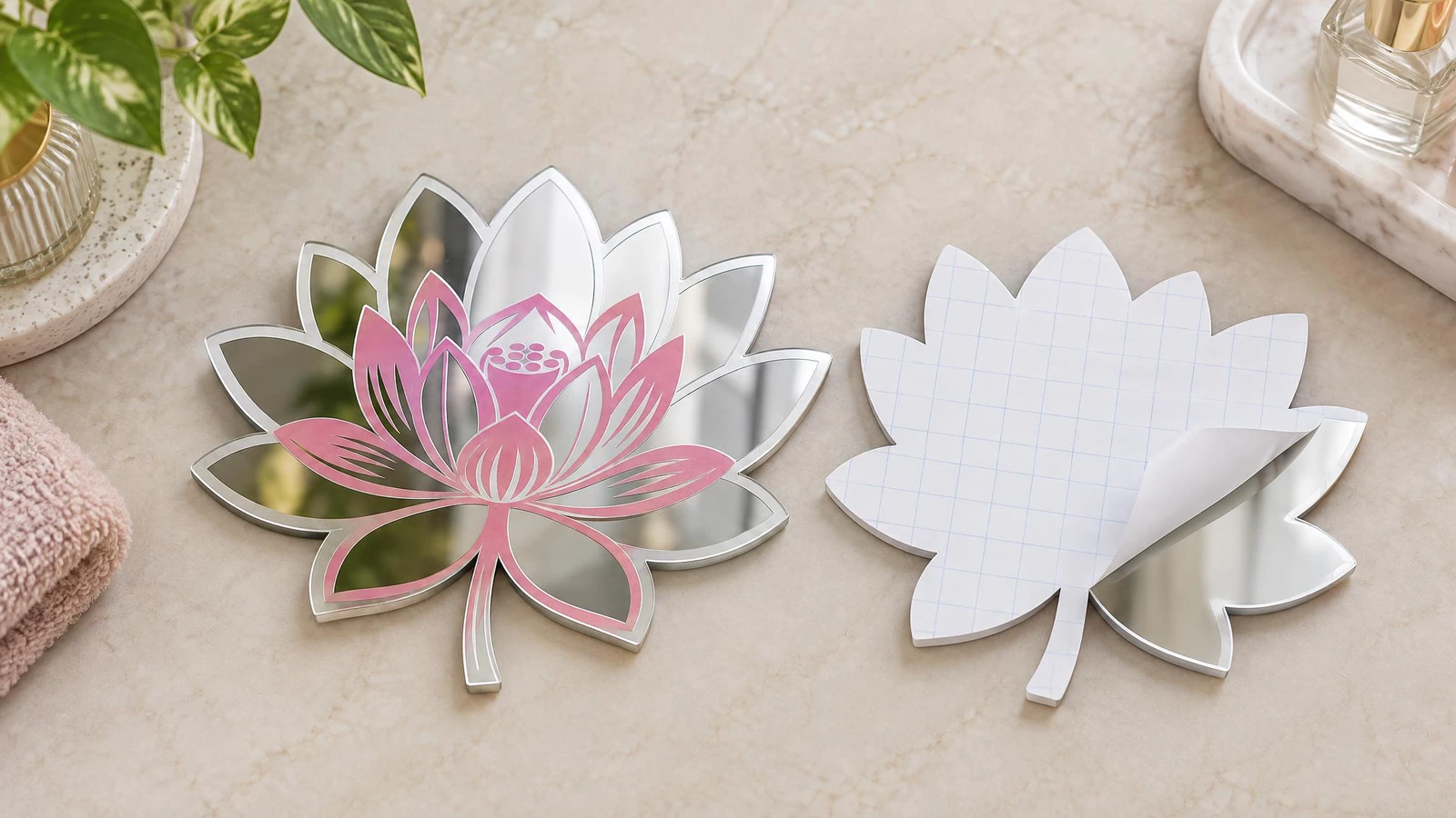 Reflektierende Vorderseite und weißer Trägerbogen der Lotus-Spiegeldekore Lotusförmige Spiegeldekore mit reflektierenden Vorderseiten und weißen Trägerbögen, eine Ecke der Trägerfolie ist zurückgeschlagen