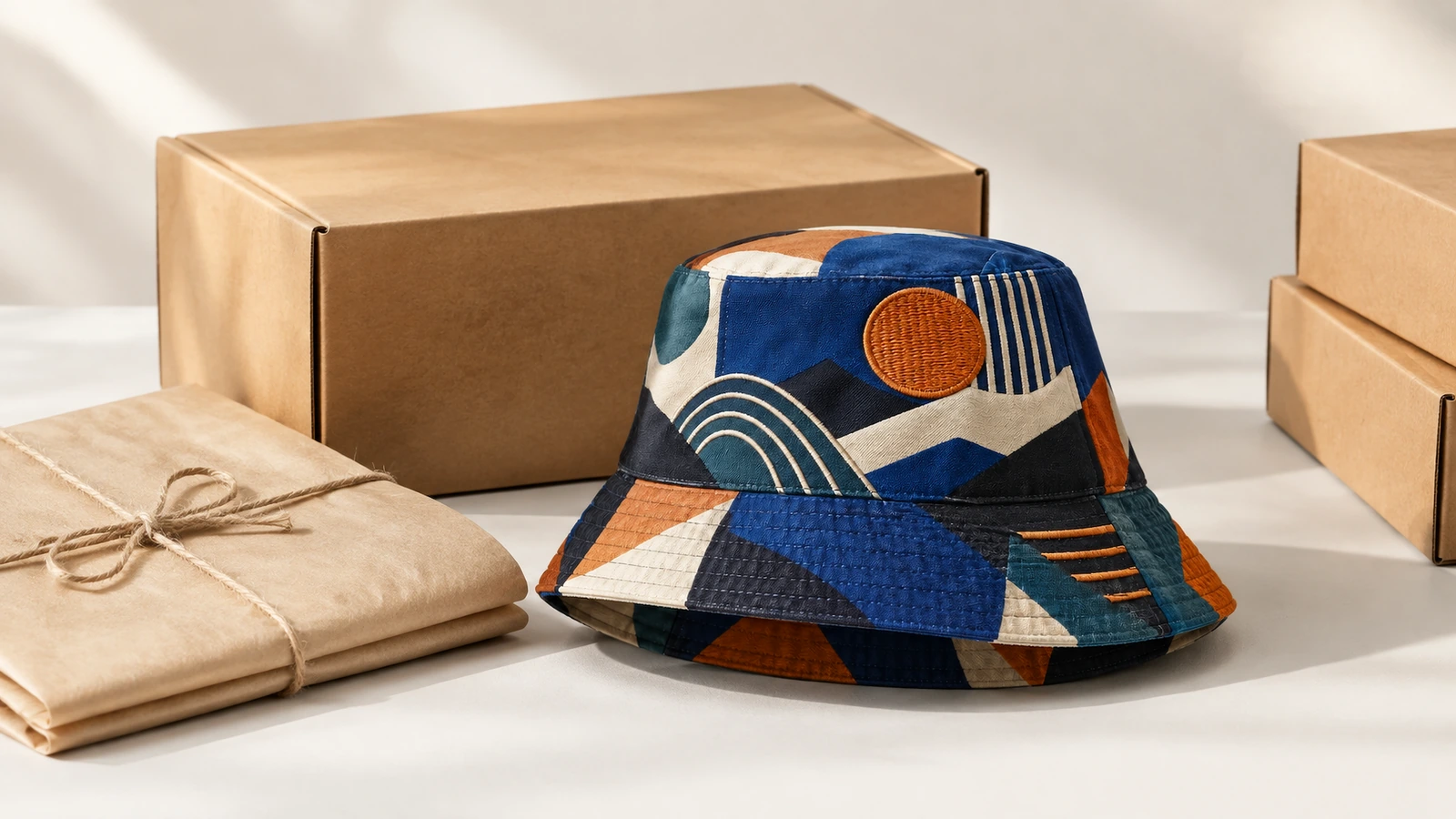 Fischerhut und Verpackungsmaterial Gemusterter Fischerhut neben Kartons und einem in Papier verpackten Paket