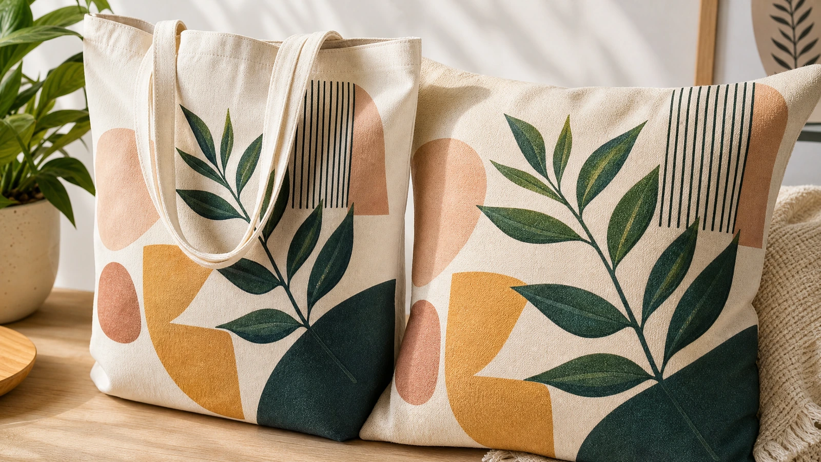 Bedruckte Canvas-Tragetasche neben einem Kissen mit passendem Blatt- und geometrischem Motiv