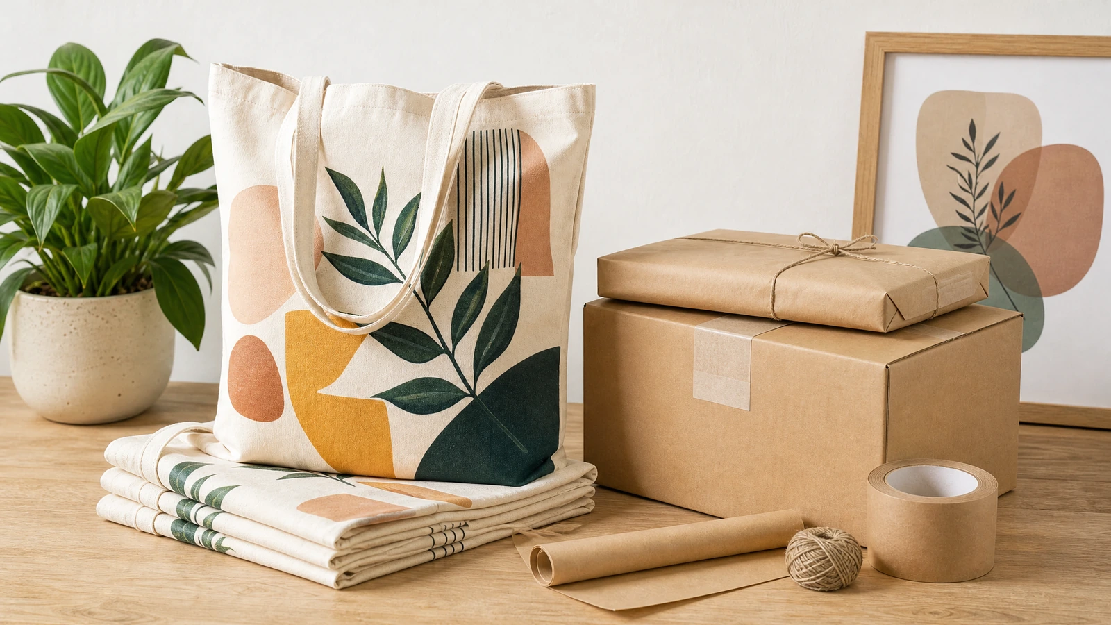 Bedruckte Canvas-Tragetasche und gefaltete passende Taschen neben Kartons und Verpackungsmaterial