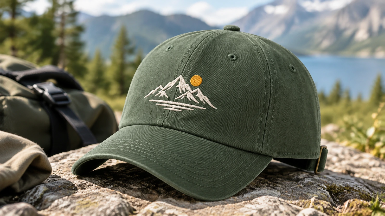 Grüne bestickte Cap neben einem Rucksack mit Blick auf See und Berge