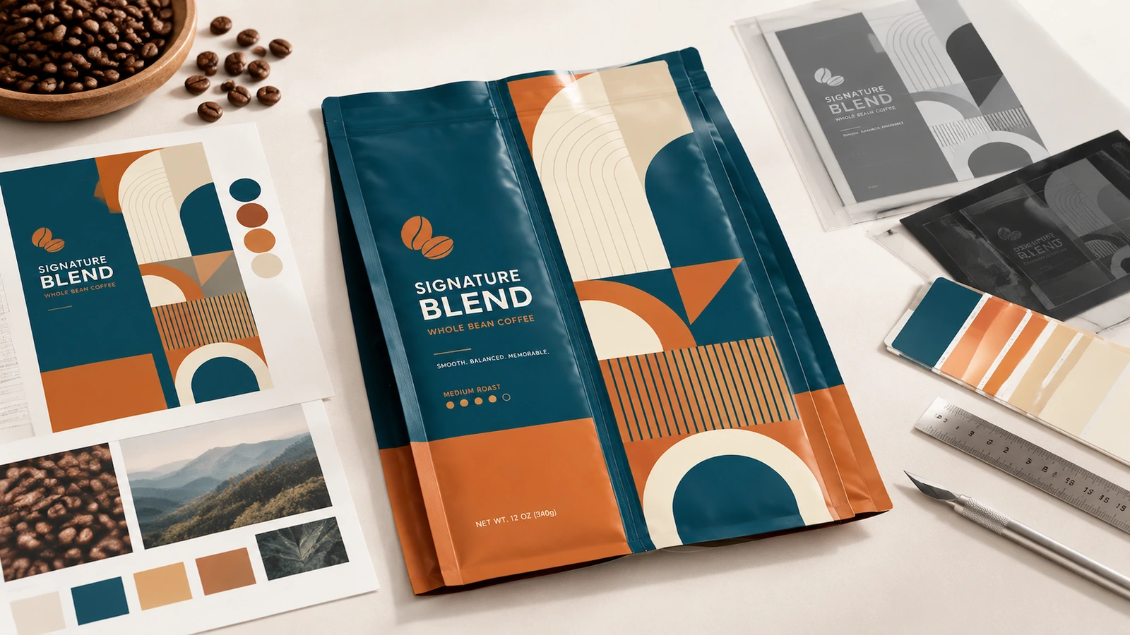 Probe eines Kaffeebeutels in Türkis und Orange neben Druckvorlagen, Kaffeebohnen und Farbmustern