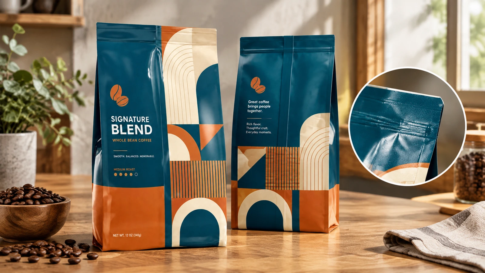 Vorder- und Rückansicht von Kaffeebeuteln mit eingesetztem Detail der oberen Siegelnaht