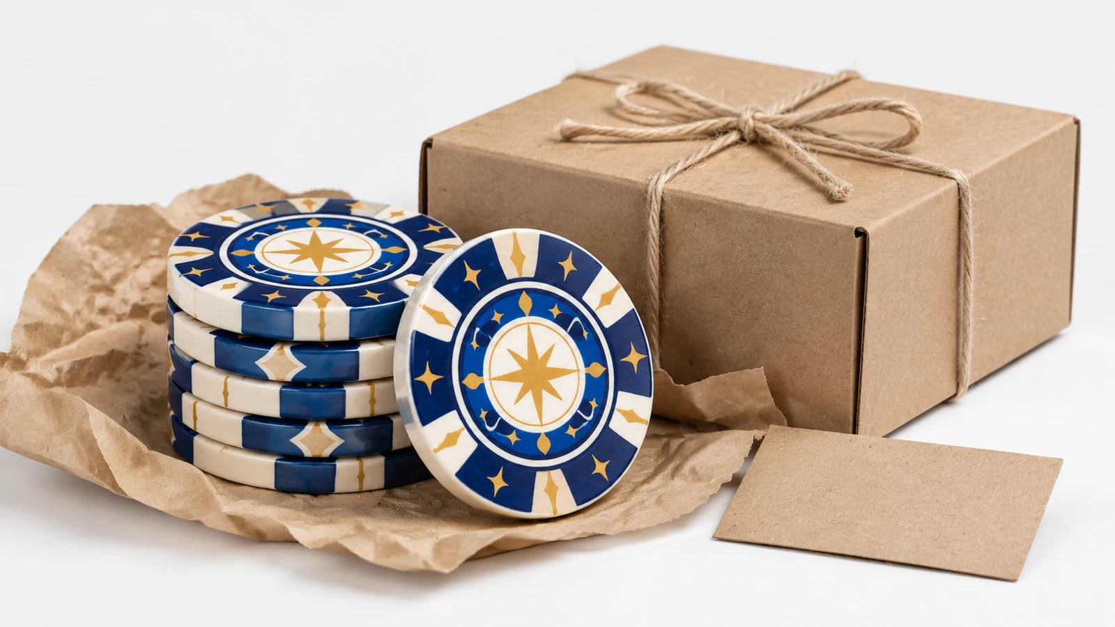 Sternmotiv-Scheiben auf zerknittertem Papier neben einer mit Bast verschnürten Geschenkbox aus Kraftpapier