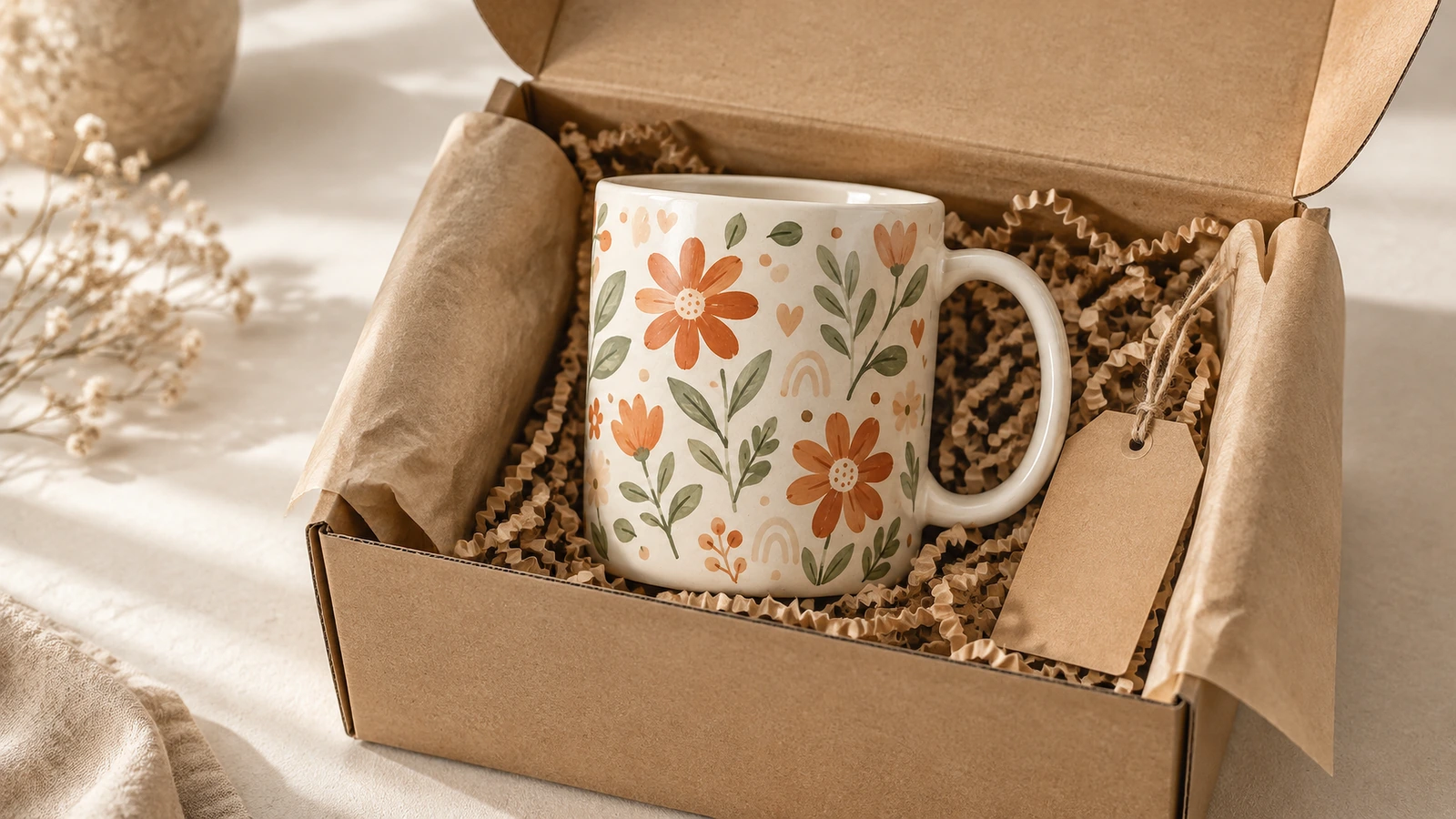 Blumenbecher in einer offenen Geschenkkartonage mit Papierpolsterung