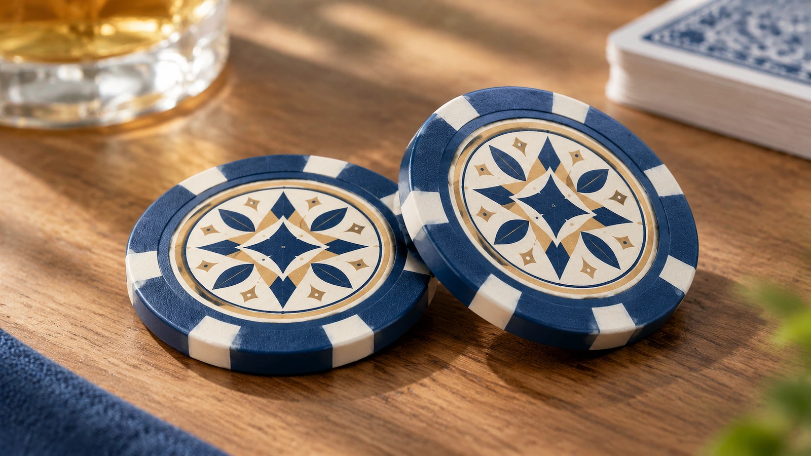 Zwei Poker-Chips mit geometrischem Design auf einem Holztisch neben einem Kartenspiel
