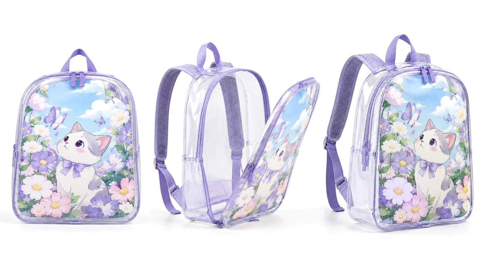 Drei Ansichten eines klaren Rucksacks mit lila Besatz und frontseitigem Blumen-Kätzchen-Motiv