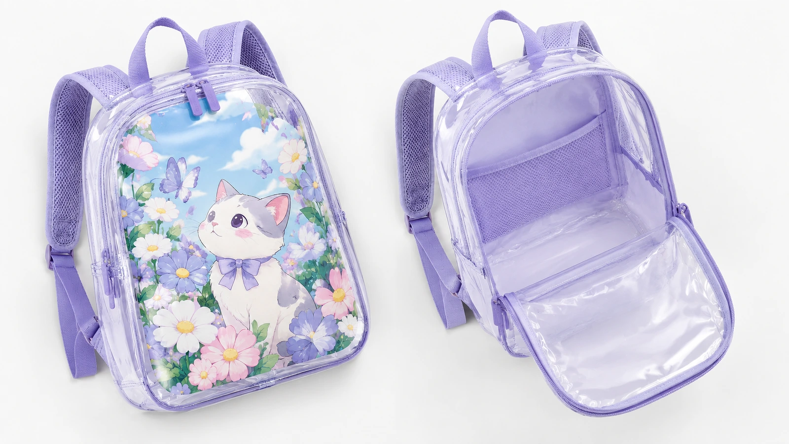 Vorder- und Innenansicht eines klaren Rucksacks mit lila Besatz und frontseitigem Kätzchen-und-Blumen-Motiv