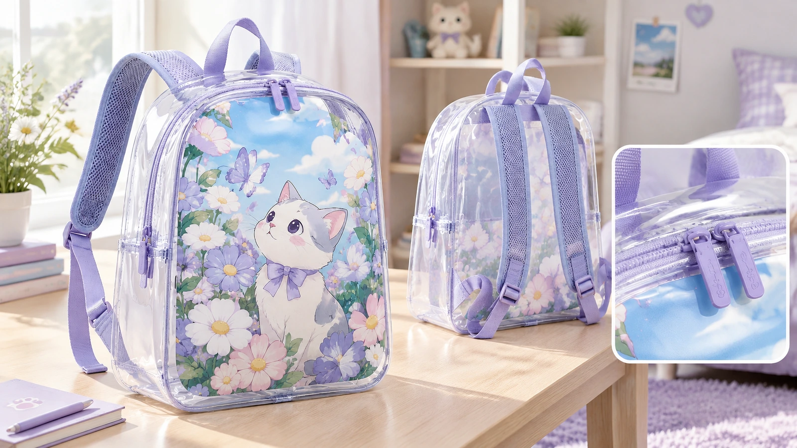 Vorder- und Rückansicht eines Rucksacks mit lila Besatz und eingesetzter Reißverschluss-Nahaufnahme