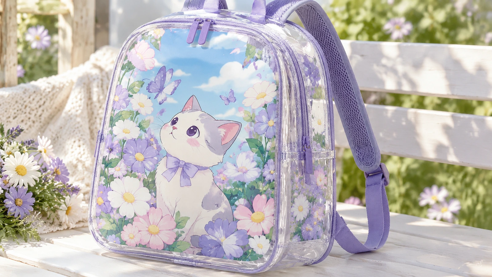 Klarer Rucksack mit lila Besatz und Blumen-Kätzchen-Motiv auf einer Parkbank im Freien