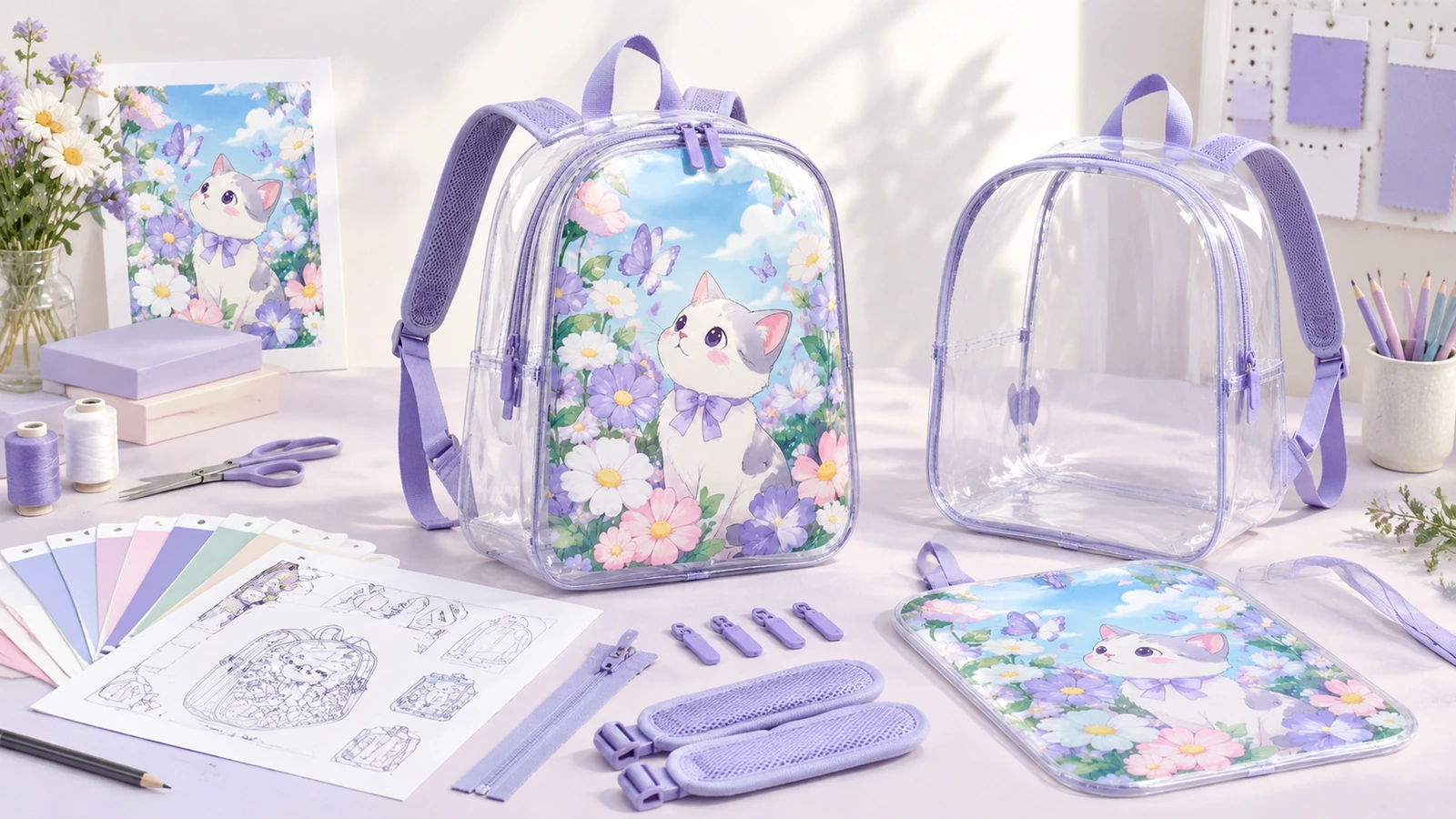 Klare Rucksäcke mit lila Besatz, Kätzchen-und-Blumen-Motiv, Farbmustern und Musterteilen auf einem Schreibtisch
